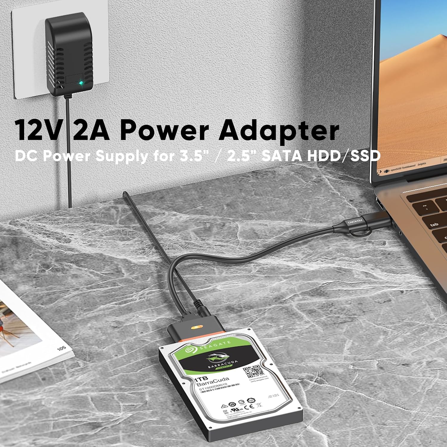 FEMORO SATA to USB Adapter with Power Supply, SATA Hard Drive to USB/USBC