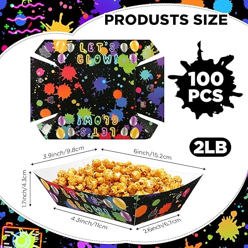 Miniatura 2 de 100 unidades de suministros de fiesta de neón de 2 libras, bandejas de papel desechables para servir nachos para perros calientes, barcos de neón