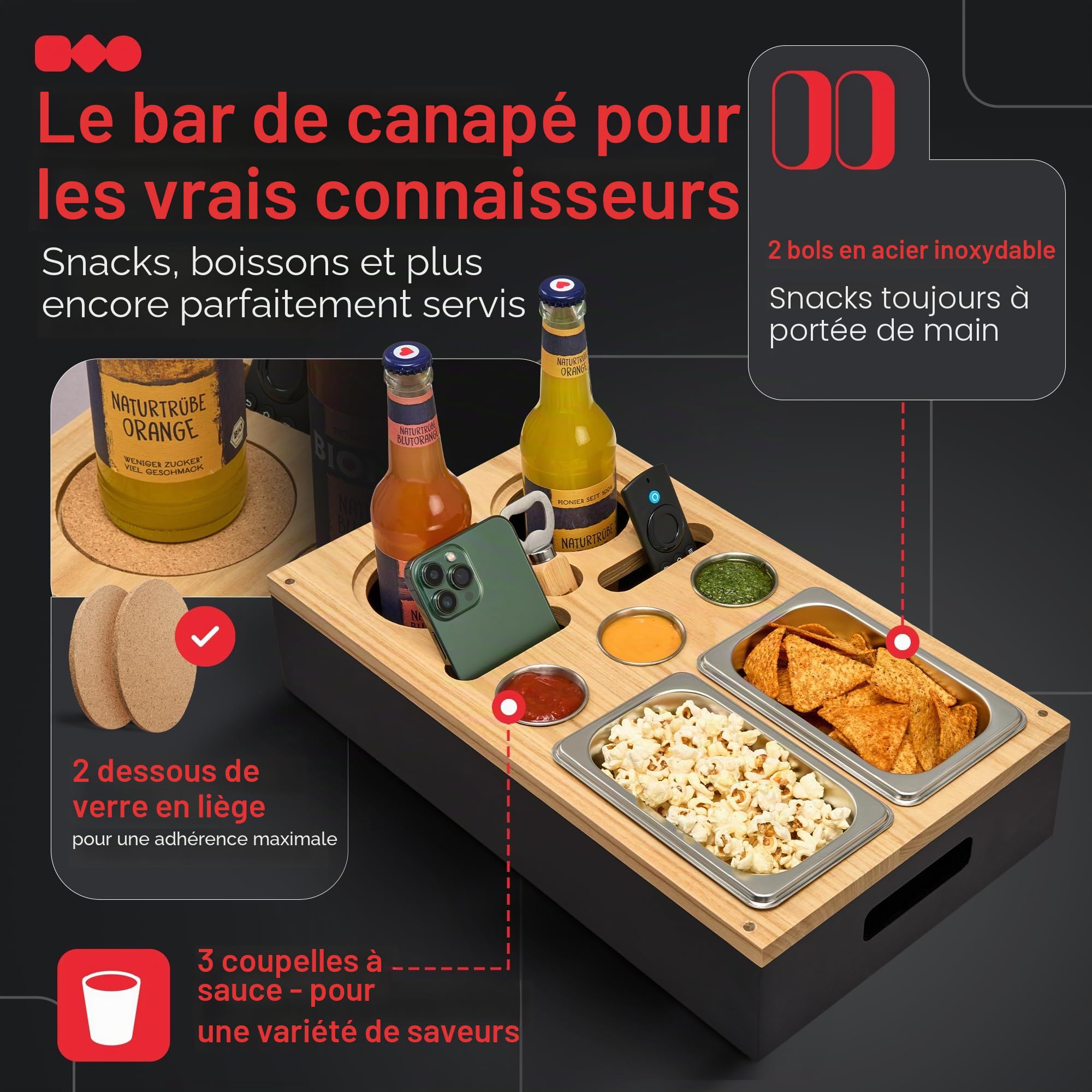Bar à canapé de qualité supérieure - Bois de kiri - 3 couleurs - 3 bols à sauce, 2 bols à collation, 2 soucoupes, 1 décapsuleur, boîte à goûter, porte-bouteilles, plateau de service (noir)