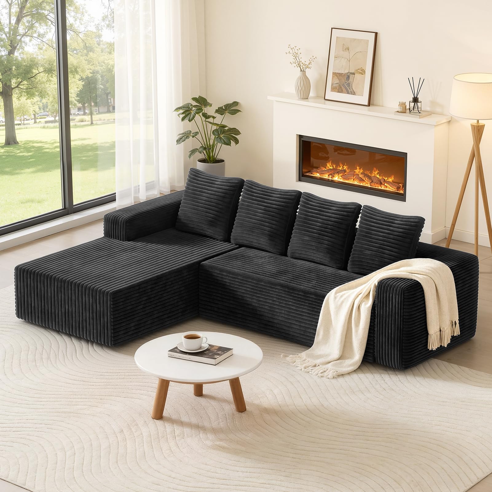 Sofá seccional Cloud en forma de L moderno modular para sala de estar con asientos profundos, sofá tapizado de tela de panel, no requiere montaje, 260 cm de ancho, negro, talla única