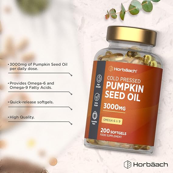 Pumpkin Seed Oil Capsules 3000mg | 60% Omega 6 Linoleic & 9 Oleic Essential Fatty Acids | 100% Cold-Pressed Supplement | 200 Softgels | by Horbaach