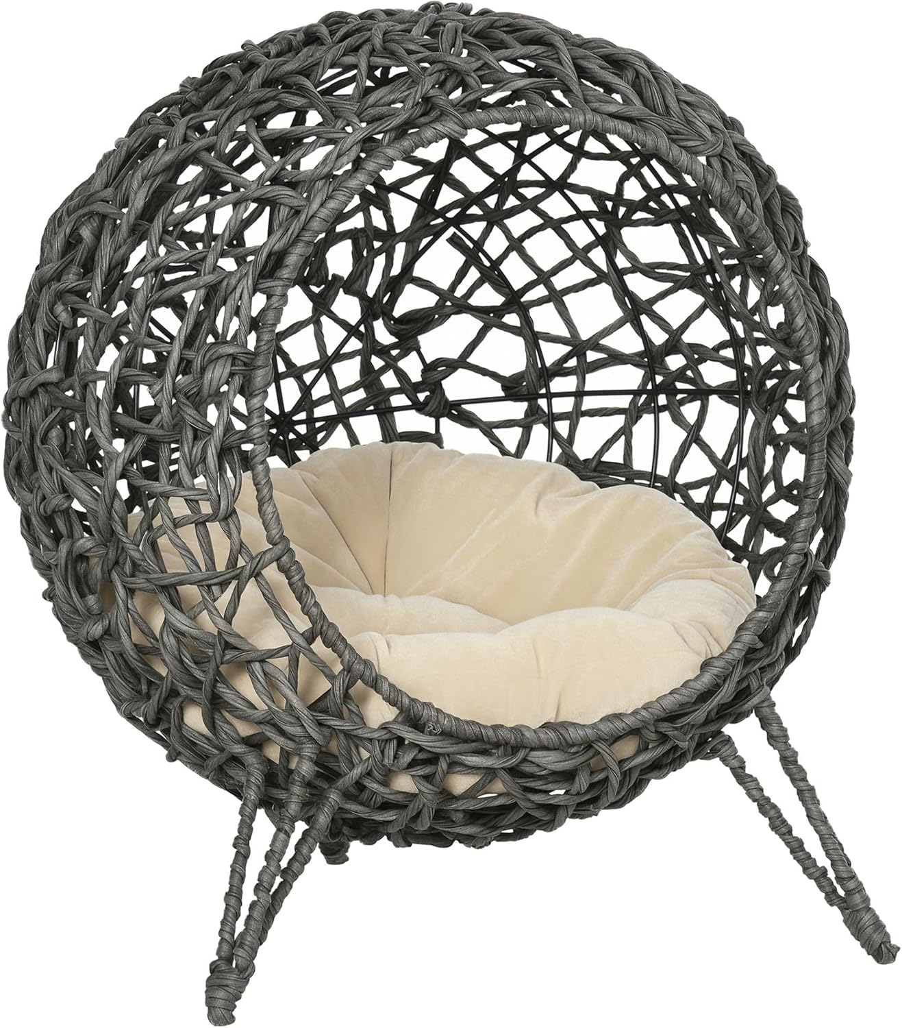 PawHut Rattan Elevated Cat Bed House Kitten Basket Ball Shaped Pet Furniture w/Removable Cushion – Silver-Tone and Grey