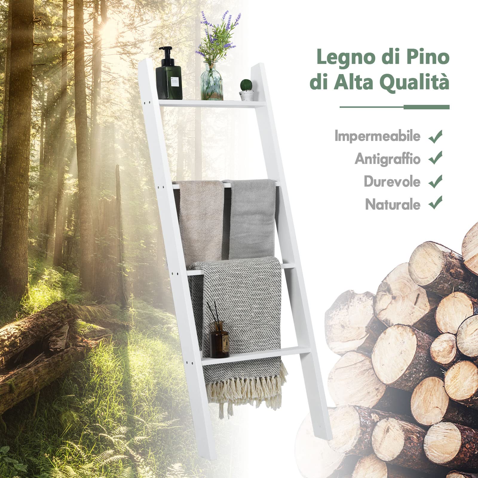 COSTWAY Scaffale di Stoccaggio in Legno di Pino, Porta Asciugamani a 4 Livelli per Bagno, Porta Salviette, Multiuso per Bagno Soggiorno (Bianco, 51 x 8 x 137 cm)