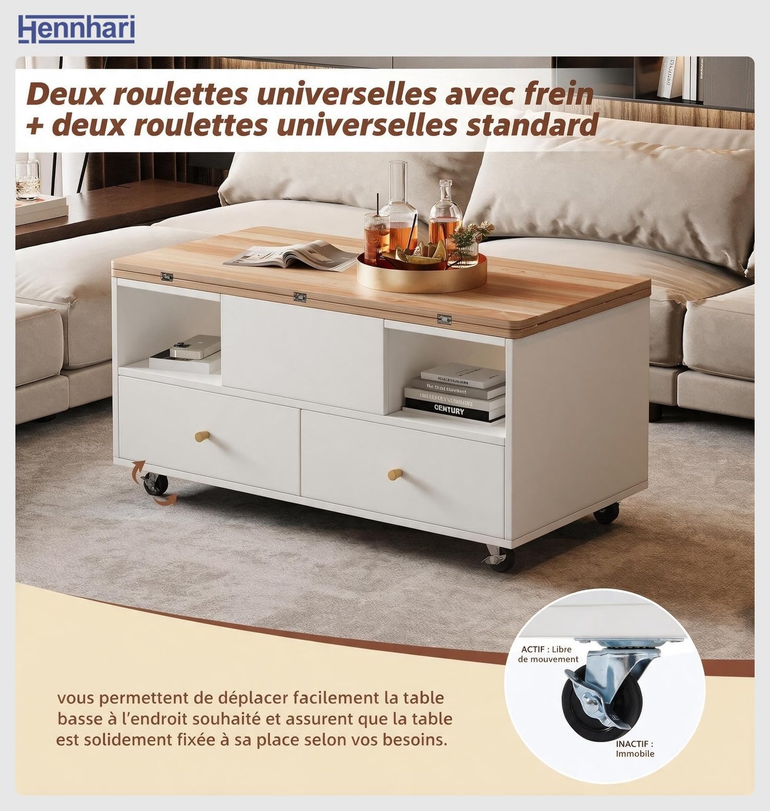 Table Basse Relevable Hydraulique Pliante, 4 Tiroirs et Rangements, sur roulettes, Transformable pour Repas et Travail, Idéale pour Salon Petit Espace (Bois Naturel)