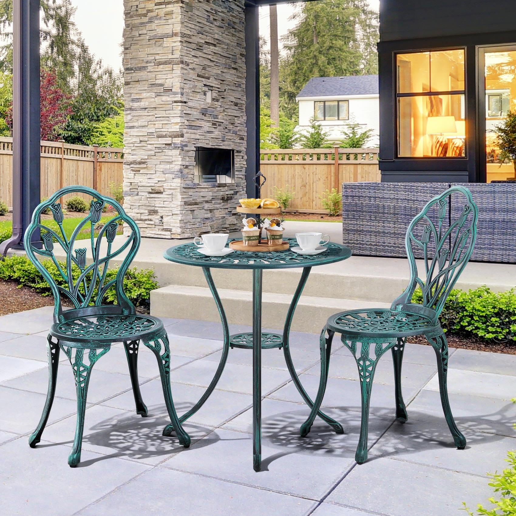 Yaheetech Conjunto de Mesa y Silla Exterior Mueble de Aluminio para Jardín Balcón Terraza Patio 2 Sillas y 1 Mesa Verde