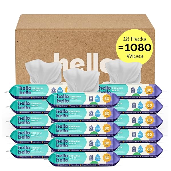 Hello Bello Premium Fragrance-Free Baby Wipes, with Chamomile & Aloe Extracts for Sensitive Skin - 18 Resealable Packs = 1080 Total Wipes