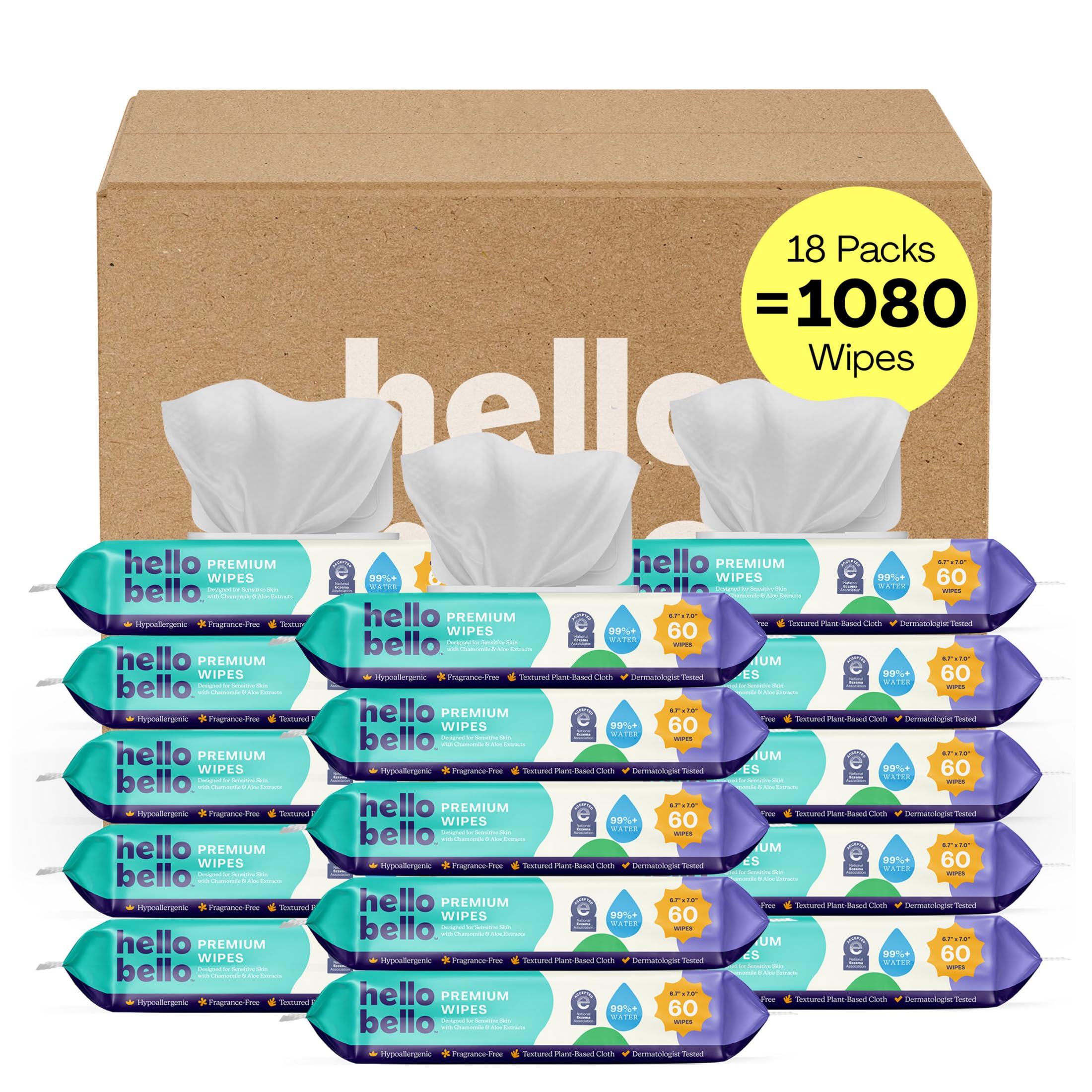 Hello Bello Premium Fragrance-Free Baby Wipes, with Chamomile & Aloe Extracts for Sensitive Skin - 18 Resealable Packs = 1080 Total Wipes