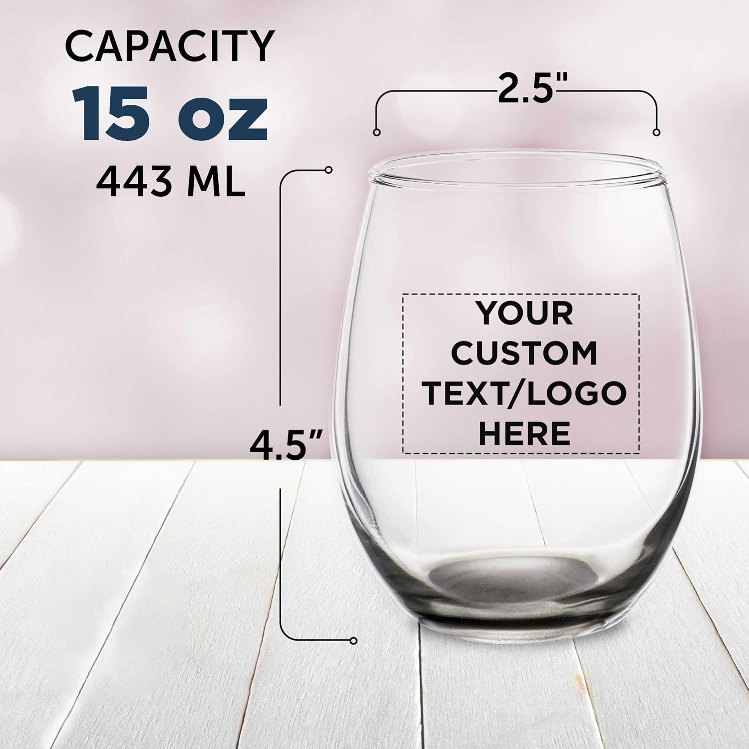 Custom Stemless Wine Glasses in Bulk by ARC Perfection, 15 oz, 10/50/100 pack, Personalized Text, Logo, Red or White Wine Glass - Black