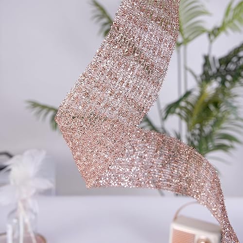 Miniatura 6 de CSZD RIBBON Cinta de malla metálica con purpurina elástica de oro rosa con alambre de 2.5 a 7 pulgadas de ancho para árbol de Navidad, decoración