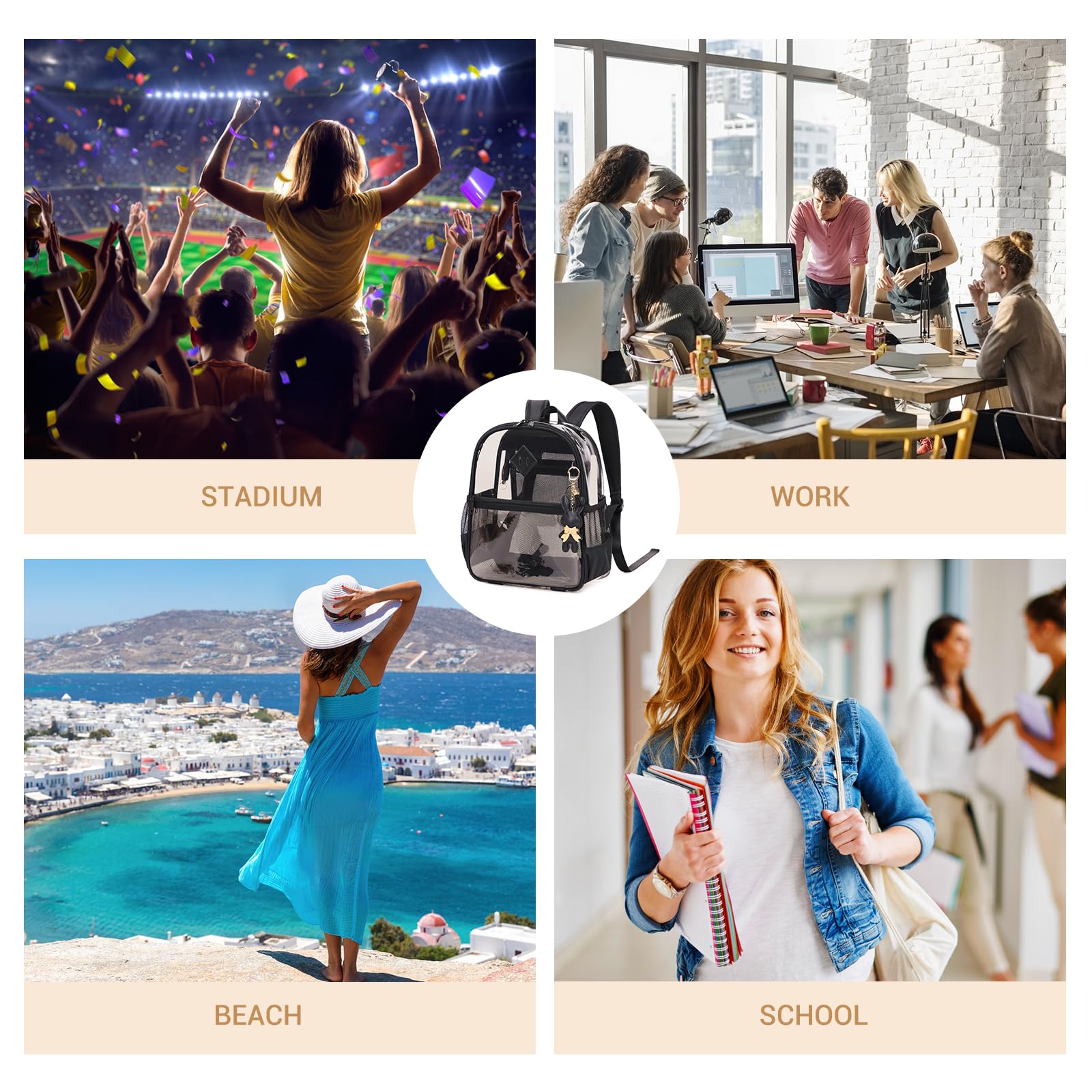 MUSEVOS Zaino trasparente per eventi dello stadio approvato 12×6×12, borsa spessa in TPU mini trasparente con tasca frontale per sport da concerto