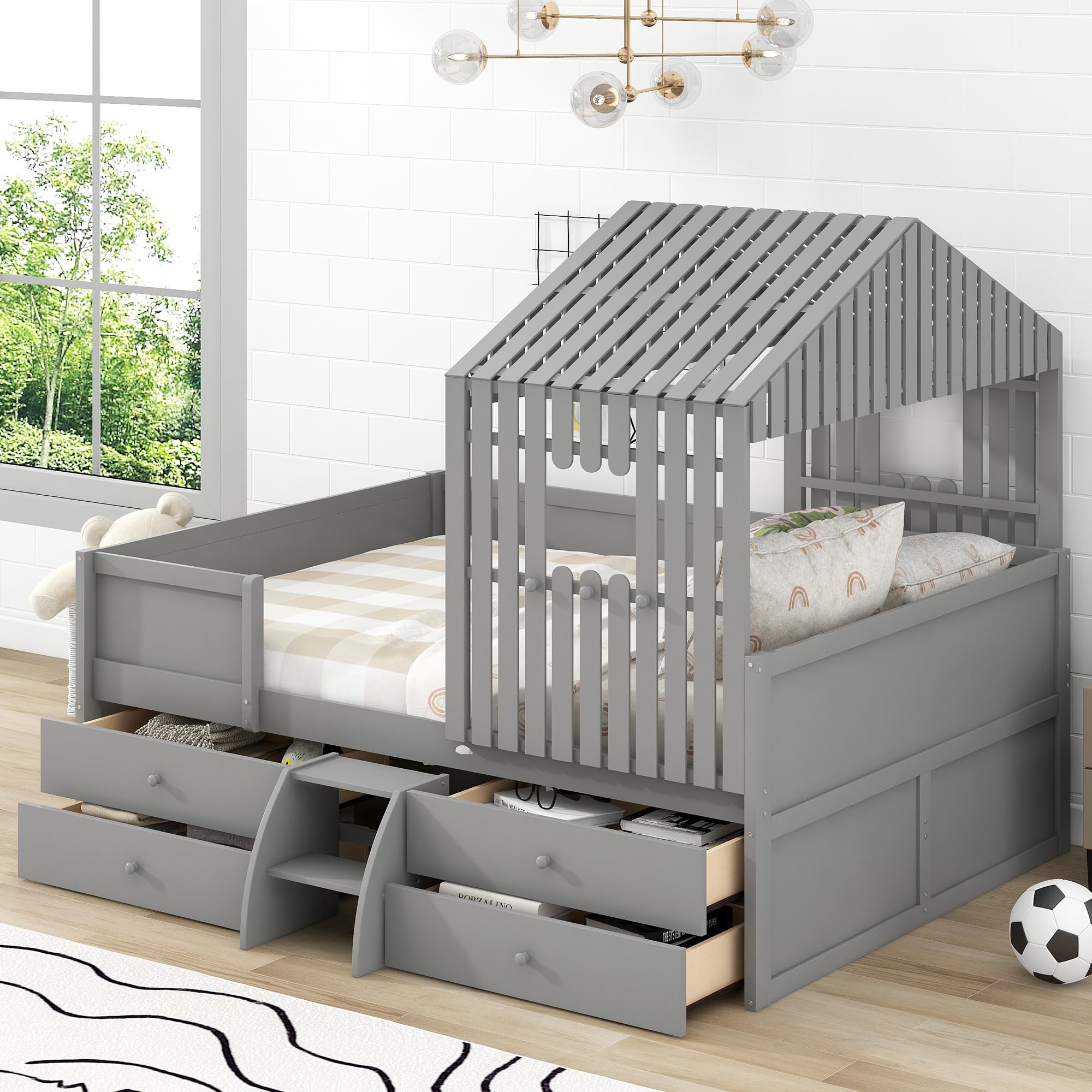 RORIGAT Full Size Wooden Playhouse Low Loft Four Drawers, Wood House Montessori Tent Platform Bed Frames with Safety Fence for Kids,Gray