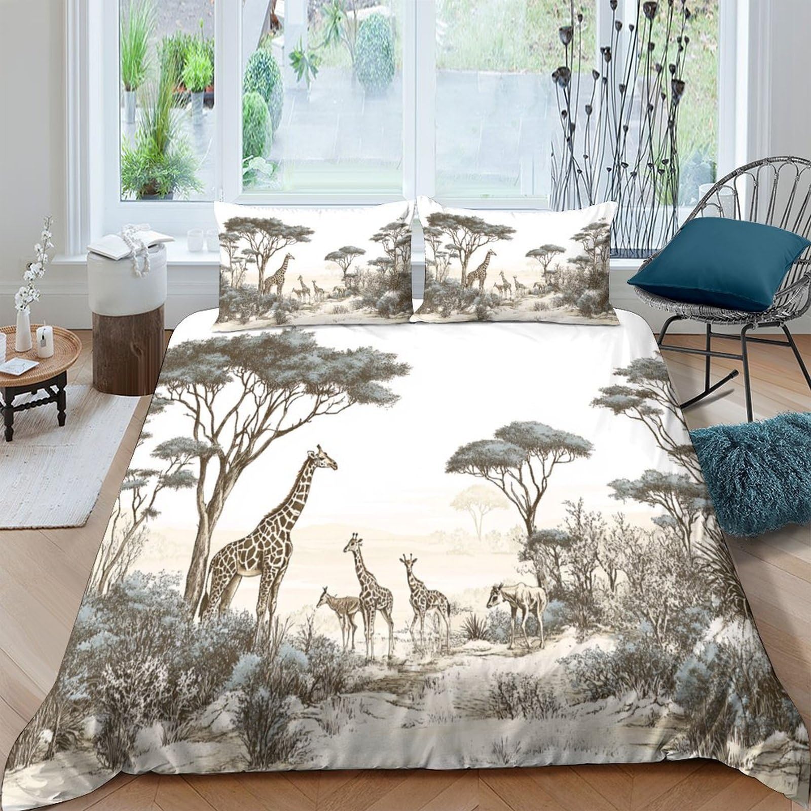 GPLZQXKJNH 3D Printed Safari Giraffe Duvet Cover Microfiber Soft Breathable African Landscape Bedding Set with 2 Pillowcases for Bedroom Decor Single（135x200cm）