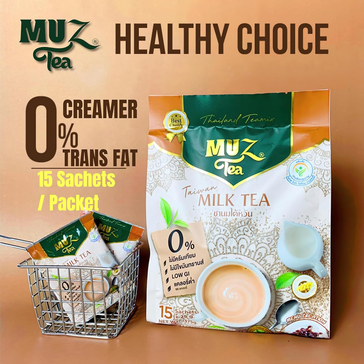 MuzTea Instant Taiwan Milk Tea Powder Mix 3 in 1 With Black Tea, Coconut Flower Sugar, Creamer From Selected Low Fat Milk Powder 15 Sachets (Taiwan Milk Tea)