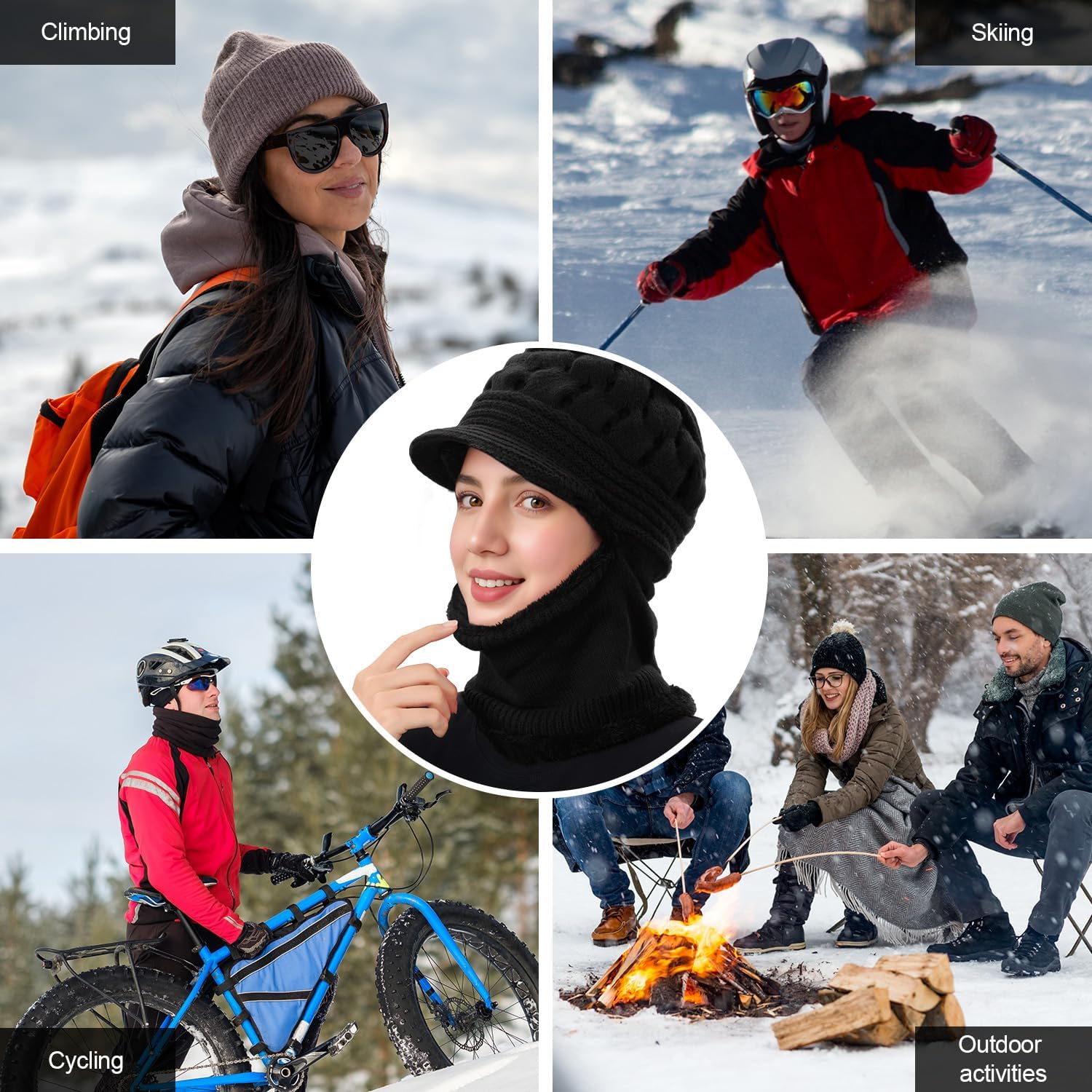 Womens Winter Beanie Hats, Winter Scarf Mask Set for Women One Piece Slouchy Beanie Hats with Visor Brim Fleece Lined - Image 7