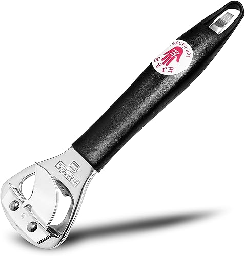 Seki Japan - Abrelatas manual de mano, abrebotellas de acero inoxidable resistente, mango de plástico negro de 5.9 pulgadas para zurdos