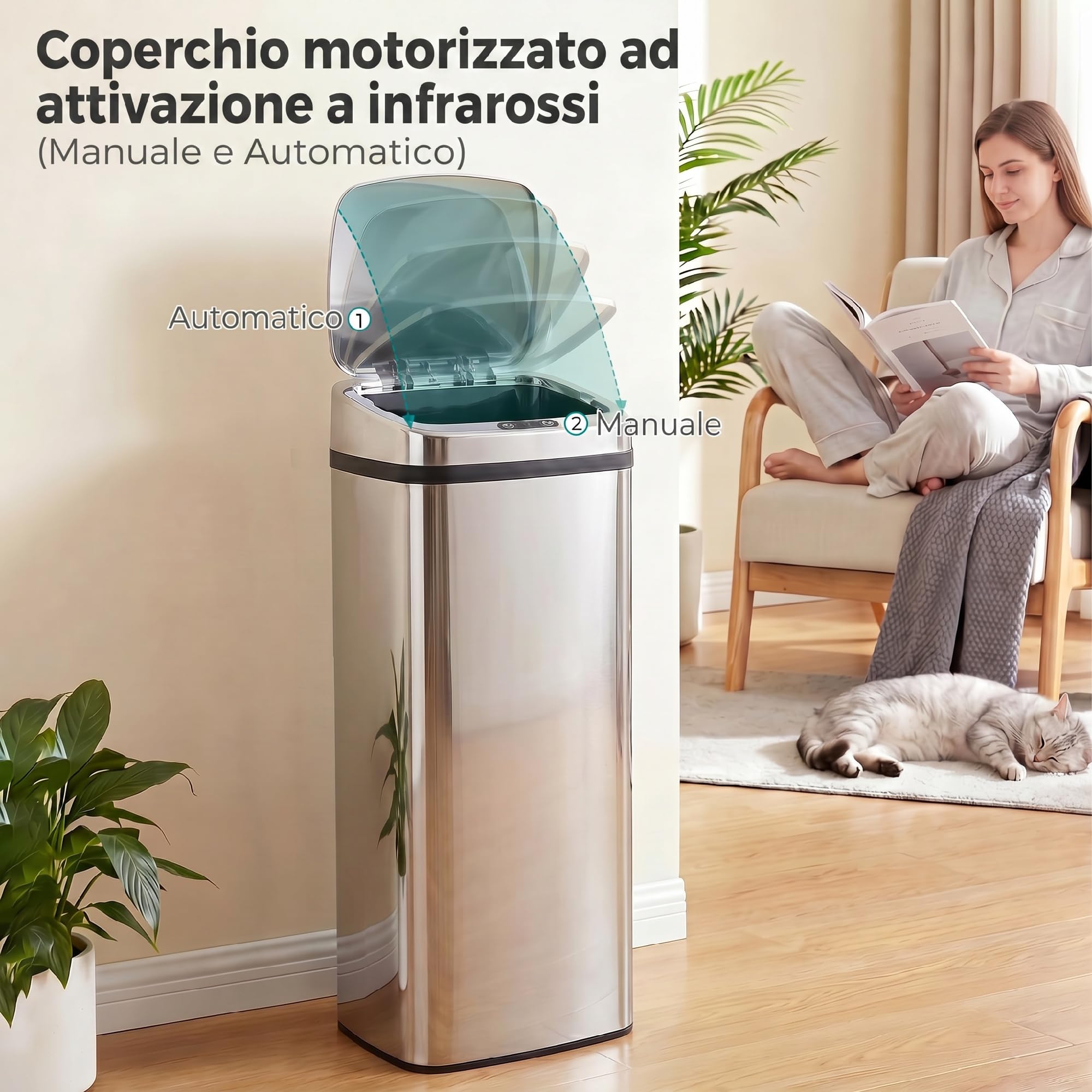HOMCOM Cestino Spazzatura da 50L con Sensore, Pattumiera Intelligente con Apertura e Chiusura Automatica, Bidone per Rifiuti in Acciaio, 33x25x84 cm, Argento