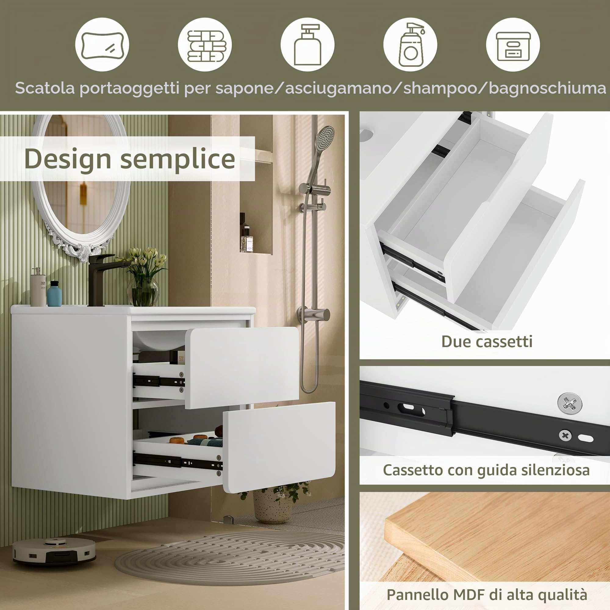 Soweiz Lavabo, lavabo integrato, da appendere alla parete, mobile da bagno, completamente laccato, illuminazione a LED con sensore a rotar, due cassetti, guide scorrevoli, bianco, 60 x 46 x 50 cm