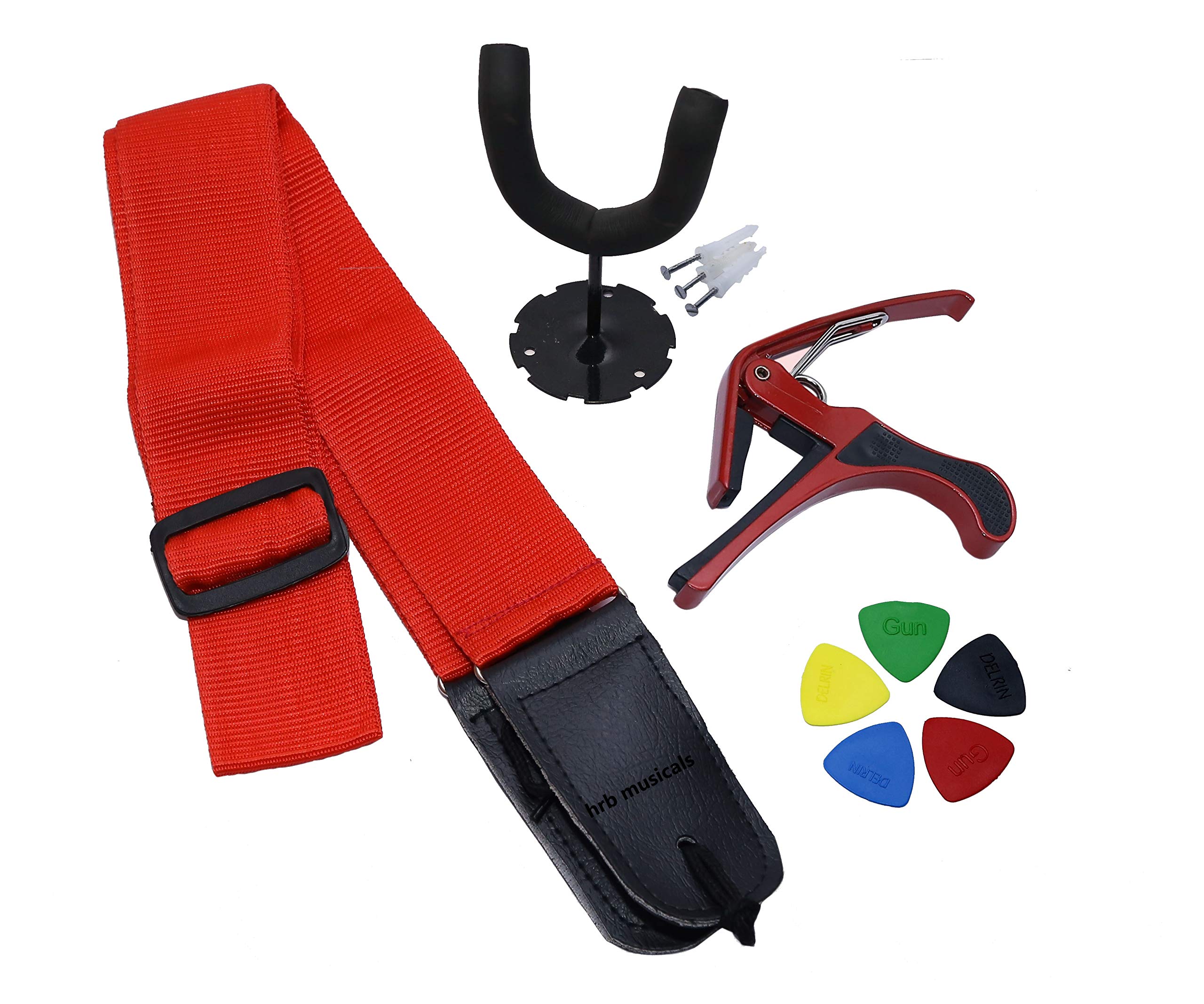 HRB MUSICALS WALL STAND WITH FITTNG +RED CAPO +RED GUITAR BELT+ 5 PICKS