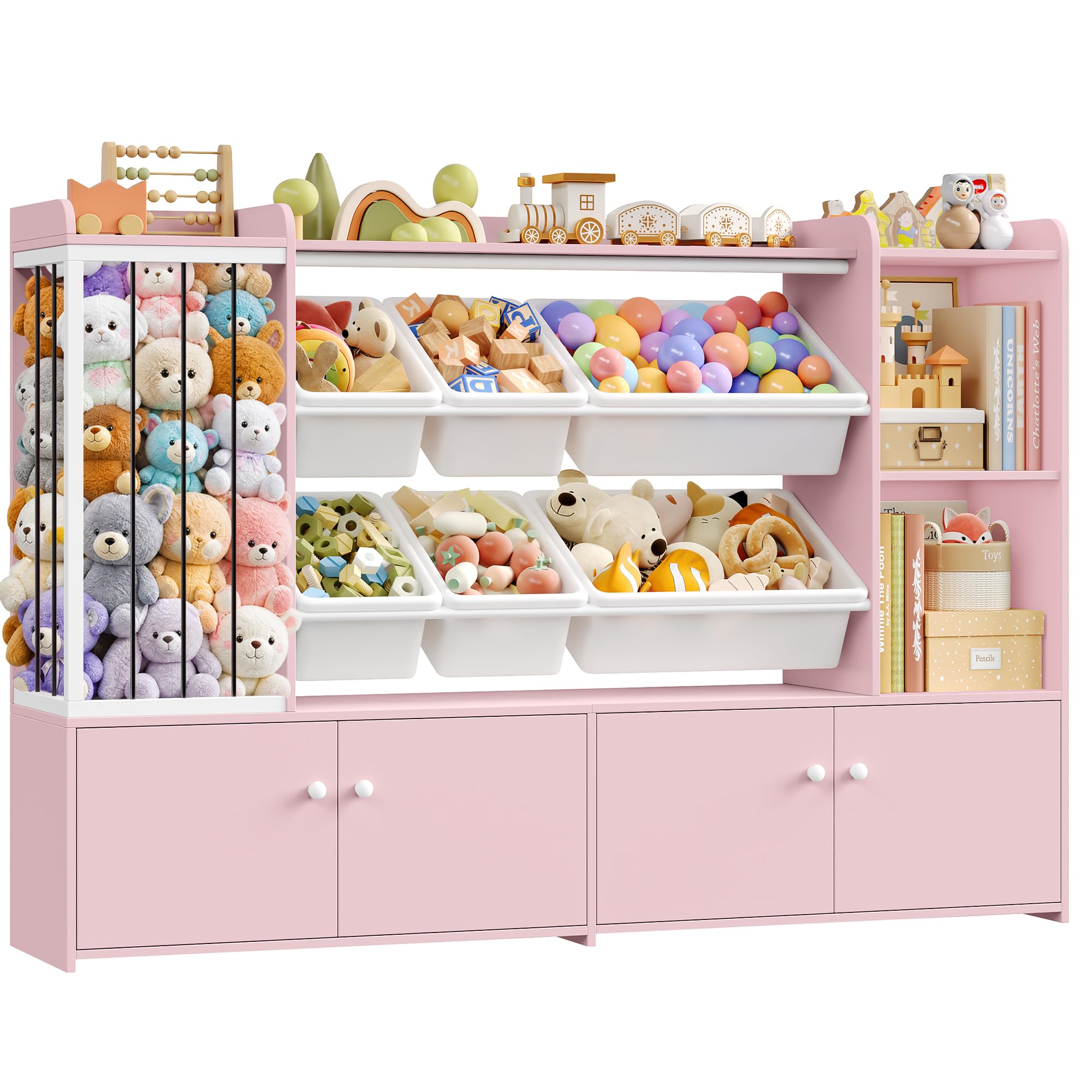 FOREHILL 137.3cm Mueble Juguetes Organizador, Organizador Peluches, Rosa | Libreria Infantil, 6 Cajas Extraíbles, Mueble Almacenaje Juguetes, Estanteria Infantil, Armario de 4 Puertas, 137.3x28x94cm
