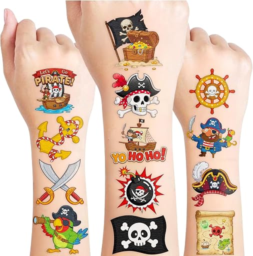 96PCS Pirate Temporary Tattoos Stickers - Pirate Birthday Party Favors Nautical Treasure Themed Birthday Party Decorations Accessories Supplies Gift Idea For Kids Teens Adult Classroom Prizes Rewards