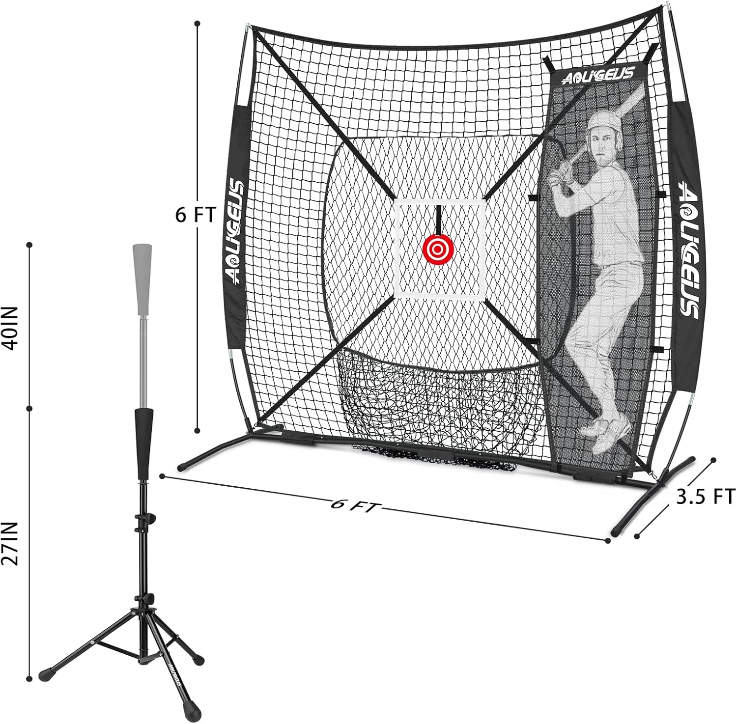 6'X6' Baseball Softball Practice Net,Pitching Net,Batting Net,with Batting Tee,Dummy Batter,Bonus Strike Zone Target and Bow Frame,for Hitting,Pitching,Catching