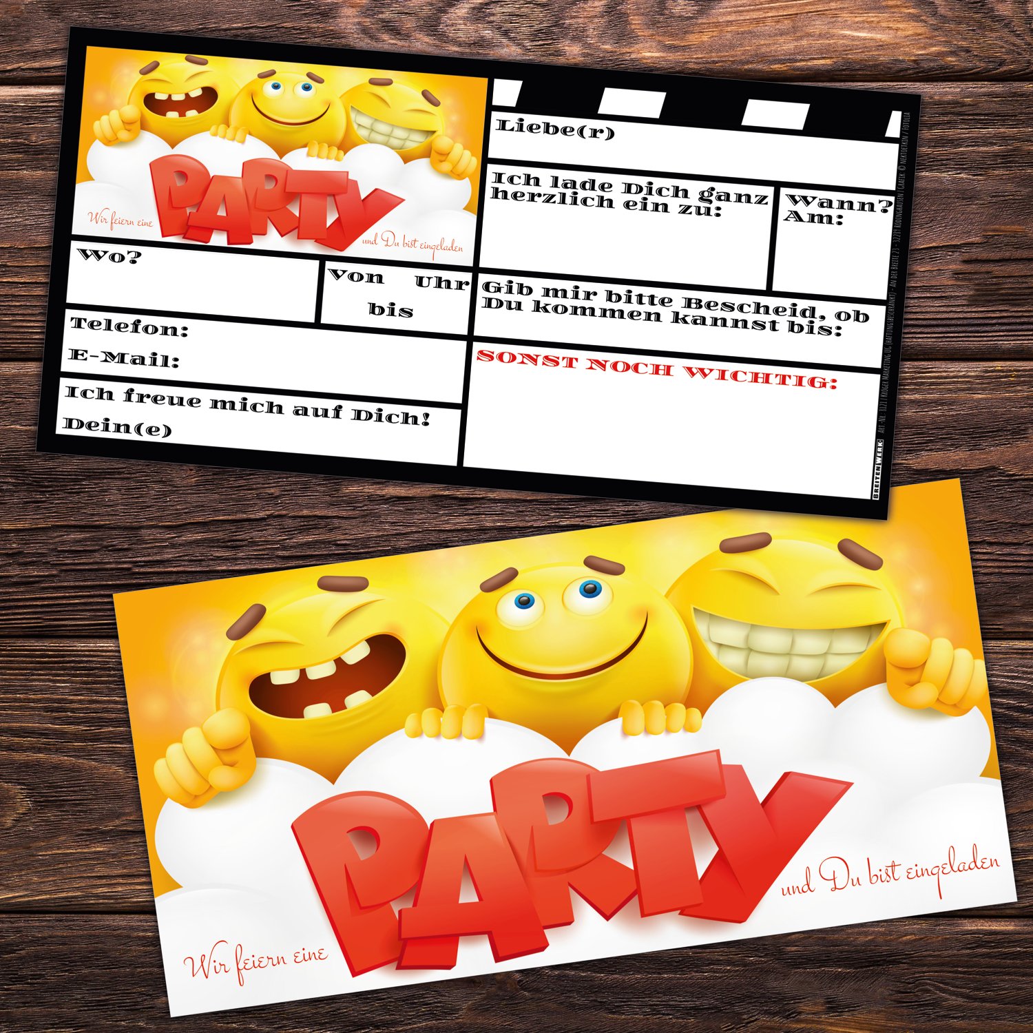 BREITENWERK 12 Smiley Einladungskarten im Set zum Ausfüllen - Coole Emoji Geburtstags-Einladungen für Jungen und Mädchen Kindergeburtstag Party