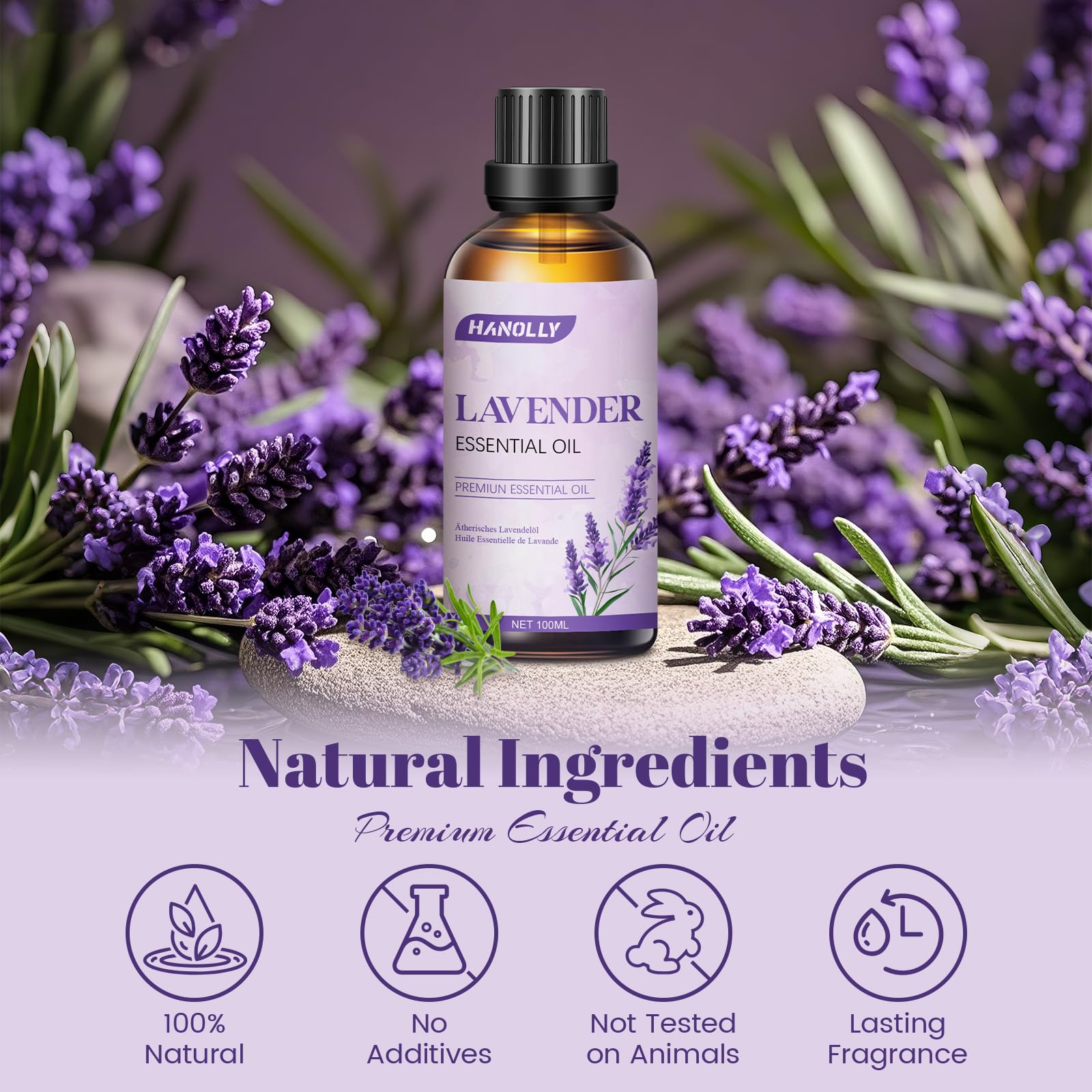 HANOLLY Olio Essenziale Lavanda 100ml, Oli Essenziali per Diffusori Naturali, Profumati di Aromaterapia olio per Massaggio Corpo, Candele Fai da Te, Diffusore, SPA, Bagno, Regalo donna compleanno DIY