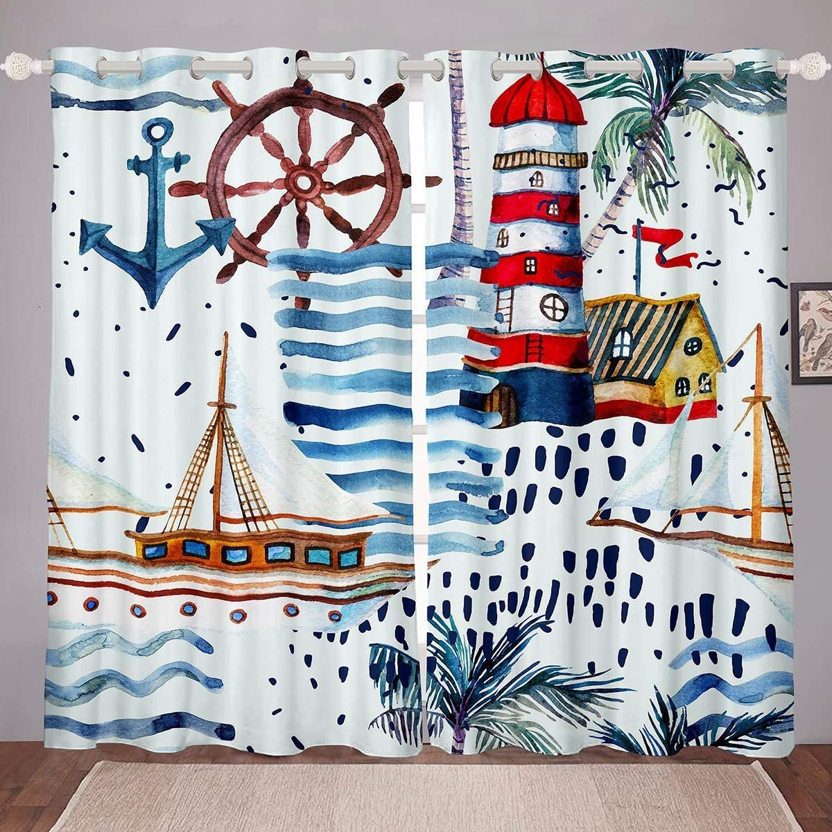 Loussiesd Nautical Decor Window Curtain Panels for Girls Boys Children Sailboat Anchor Rudder Window Drapes Ocean Themed Blackout Drapes Palm Leaf Curtains Sea Adventure W46*L72