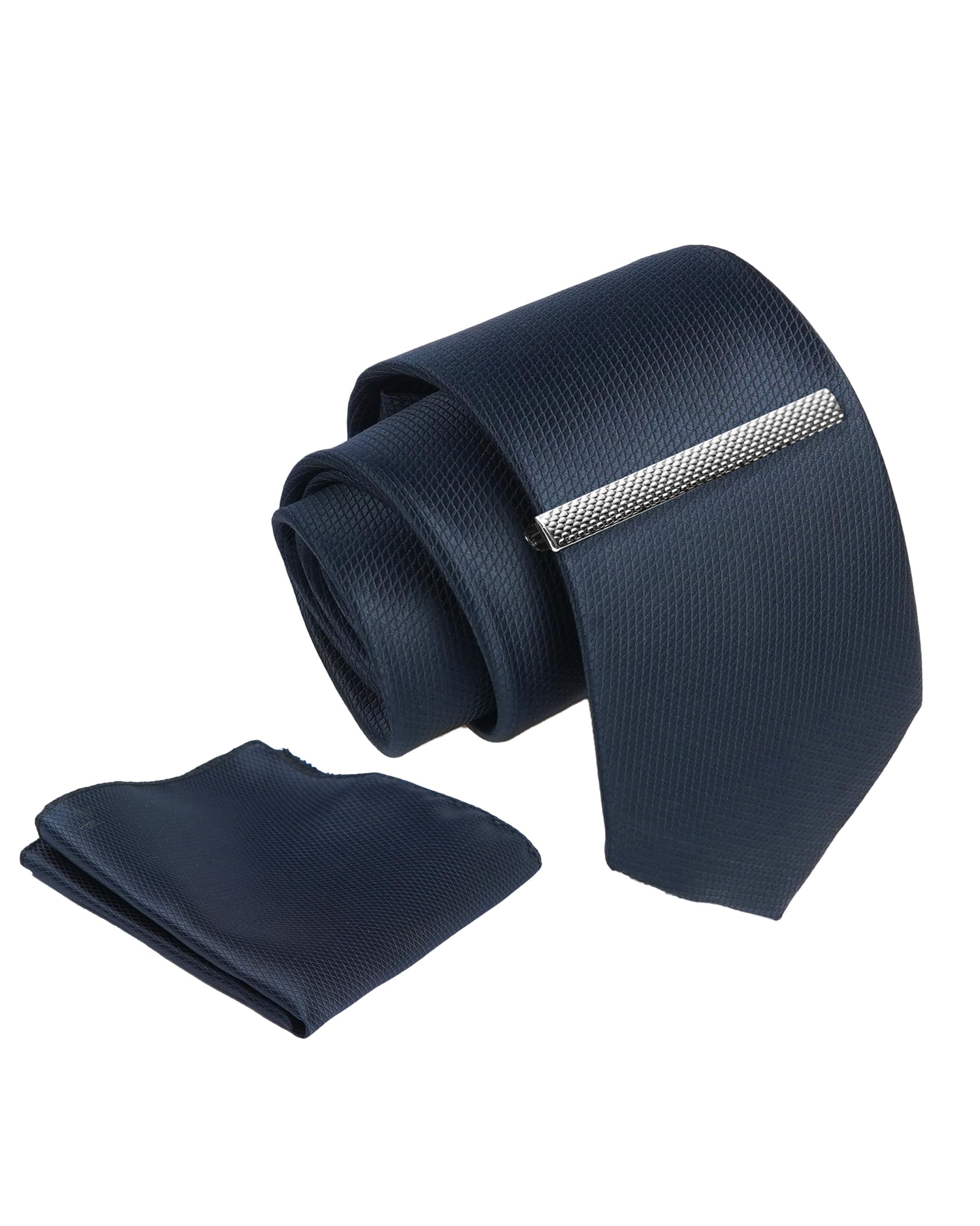 axlon Tie for Men – Micro Silk Neck Ties Set with Cufflinks Flower Pin, Pocket Square & Black Gift Box, Combo Necktie Sets for Office Wear, Formal Suits & Weddings (Deep Navy Blue, NXSMX_112)-picture-9