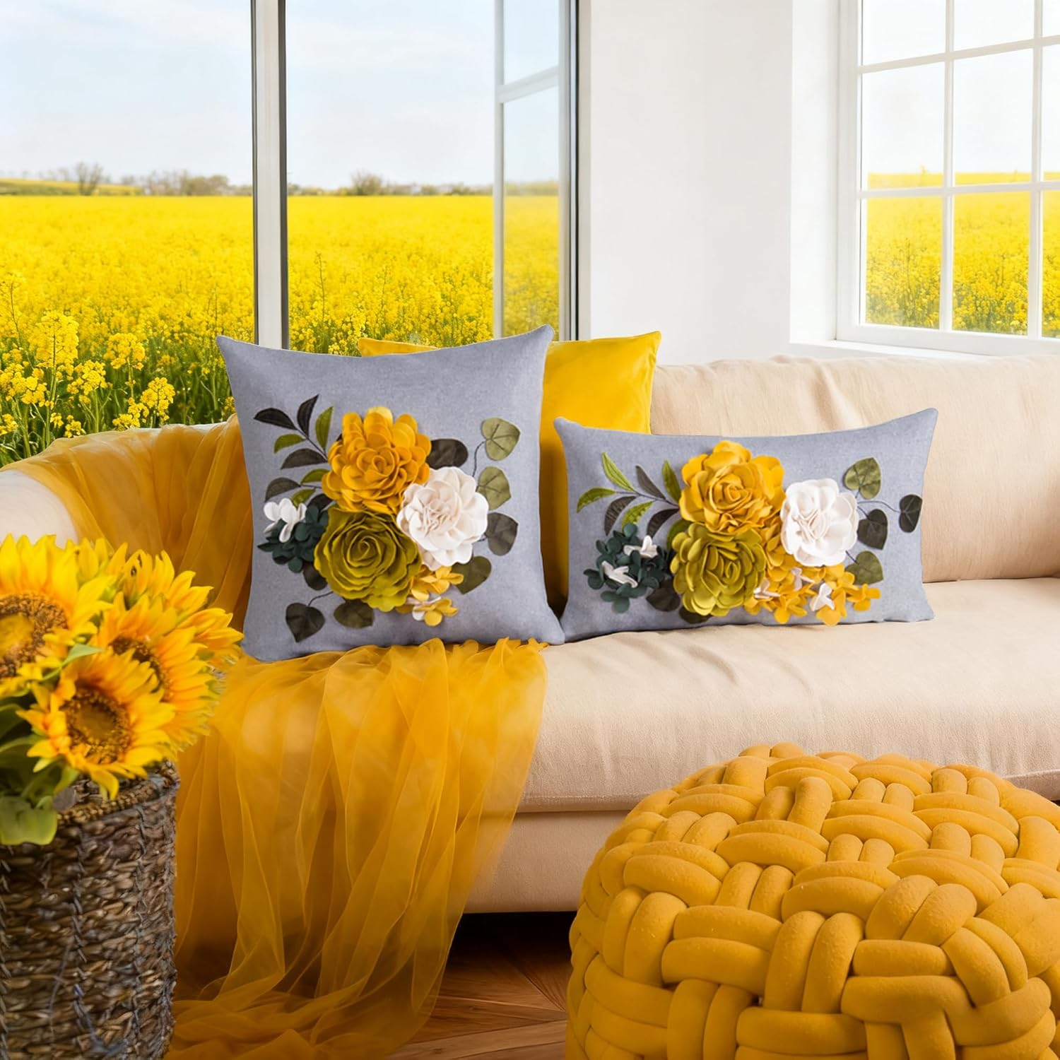 JWH Decorative 3D Flower Throw Pillow Cover Handmade Floral Accent Cushion Case for Living Room Sofa Couch Chair 18x18 Inches Gray Yellow
