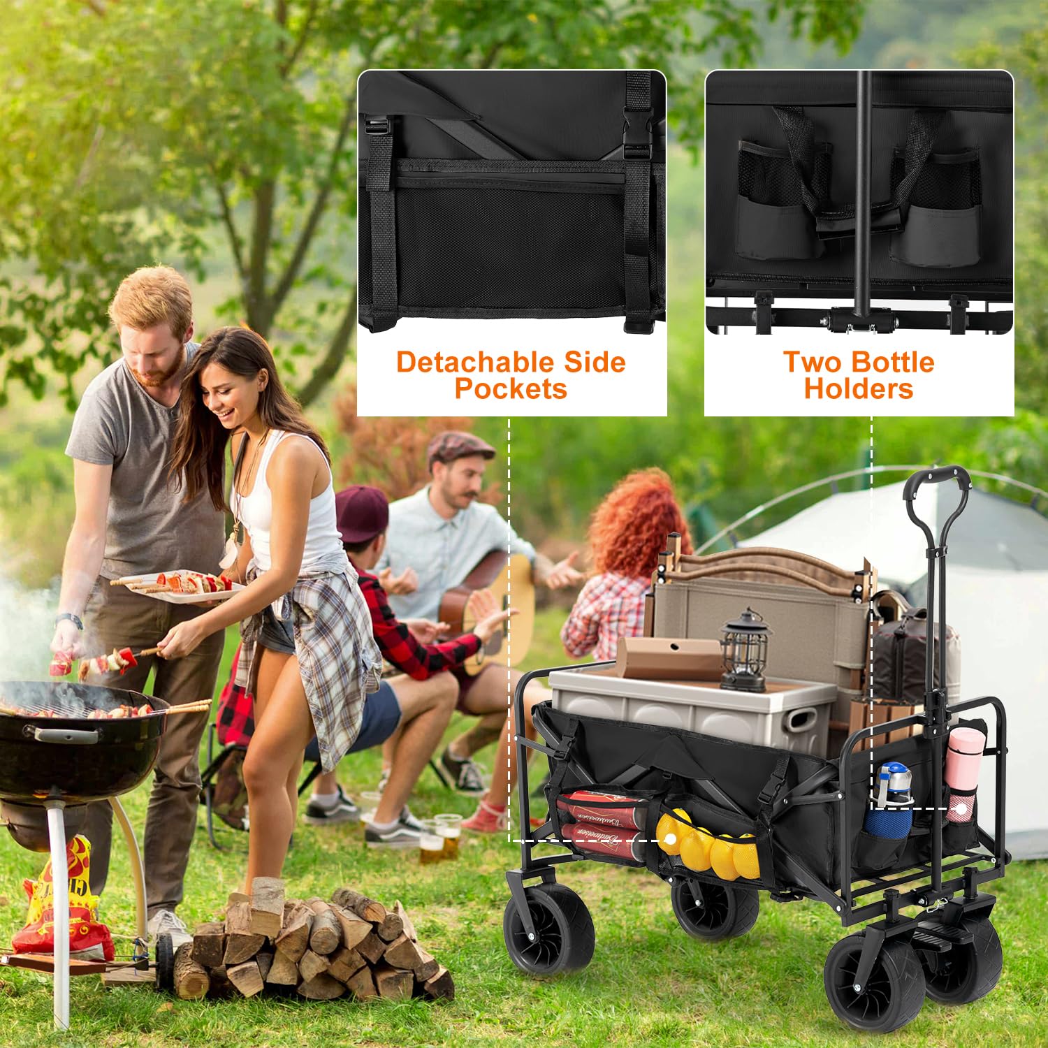 Collapsible Folding Wagon Cart, Heavy Duty Beach Wagon, Foldable Utility Wagon Cart with All-Terrain Wheels, 265 Lbs Large Capacity Garden Cart for Camping, Shopping, Sports (Black)