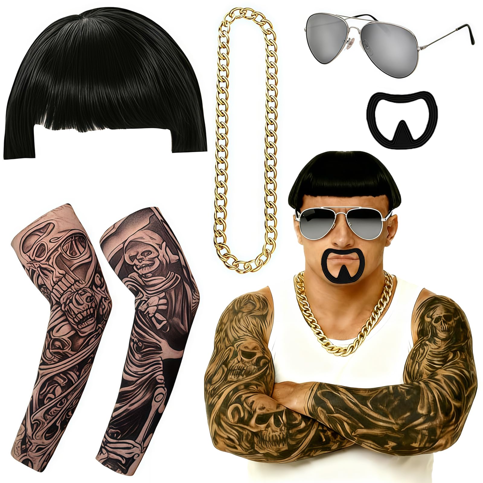 iuiiaii Final Boss Outfit Set 5 In 1, Funny Costumes For Men Handsome Black Bowl Cut Wig Sunglasses Beard Chain Necklace Und Sleeves Final Boss Sunglasses Accessory Set Festivals Parties
