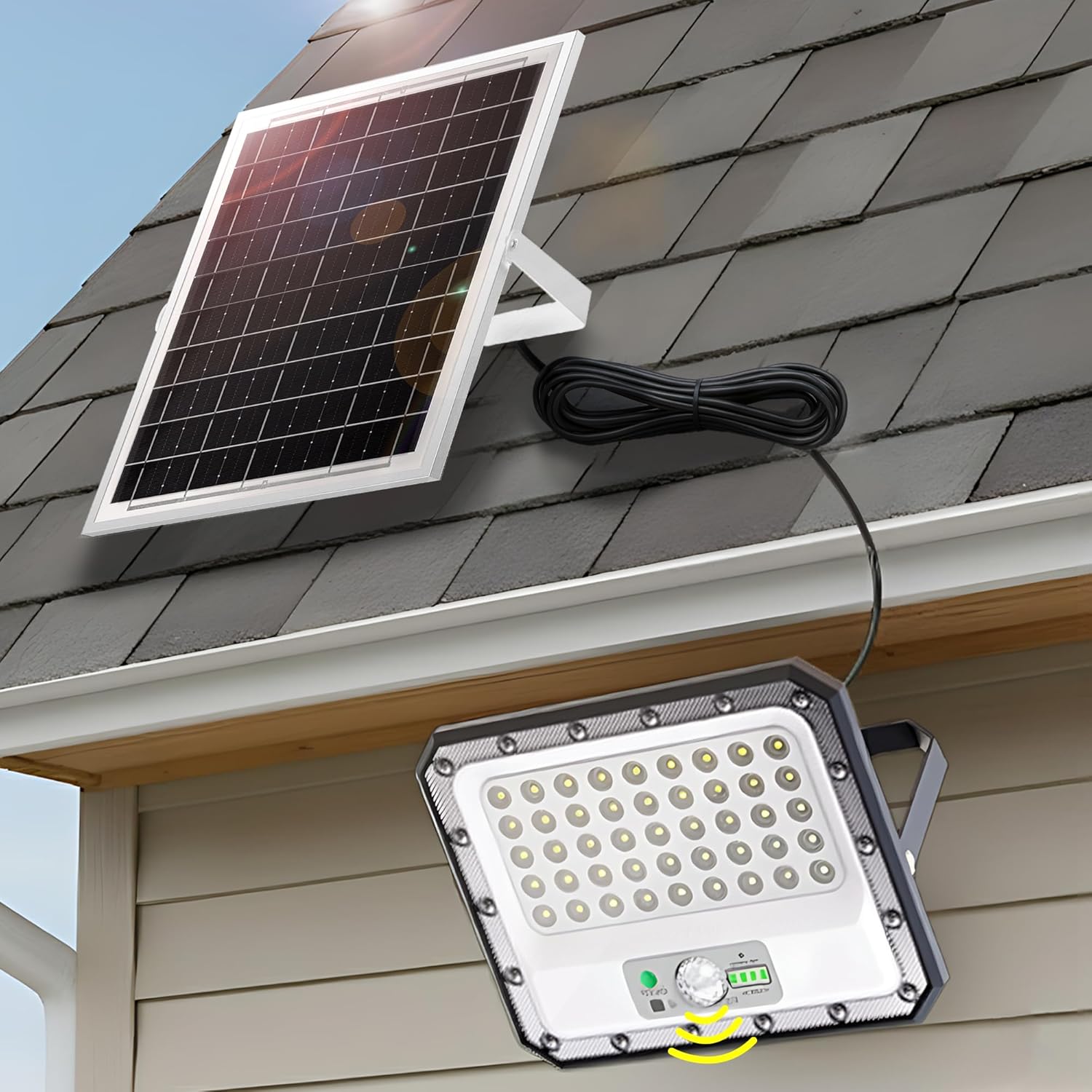 Photo voltaic Flood Lights Out of doors Waterproof IP65, Movement Sensor LED Photo voltaic Floodlight with Distant, Nightfall to Daybreak ABS Black Flood Lamp for Yard Backyard Porch 2250LM 6500K(1 Pack)