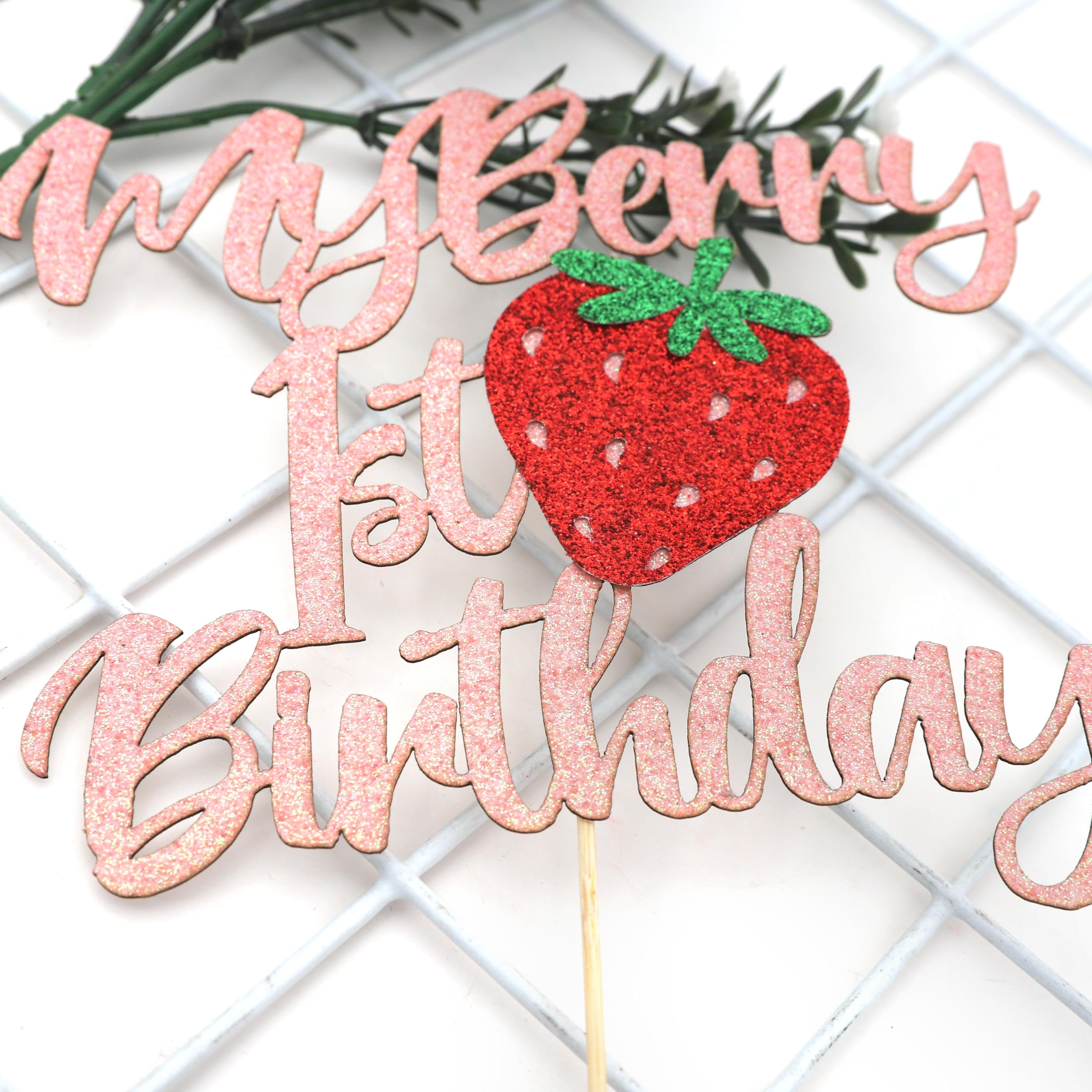 Strawberry 1st Birthday Cake Topper - Glitter & Flower Design, Fruit Theme Baby Shower Decor, Single Pick - View #6