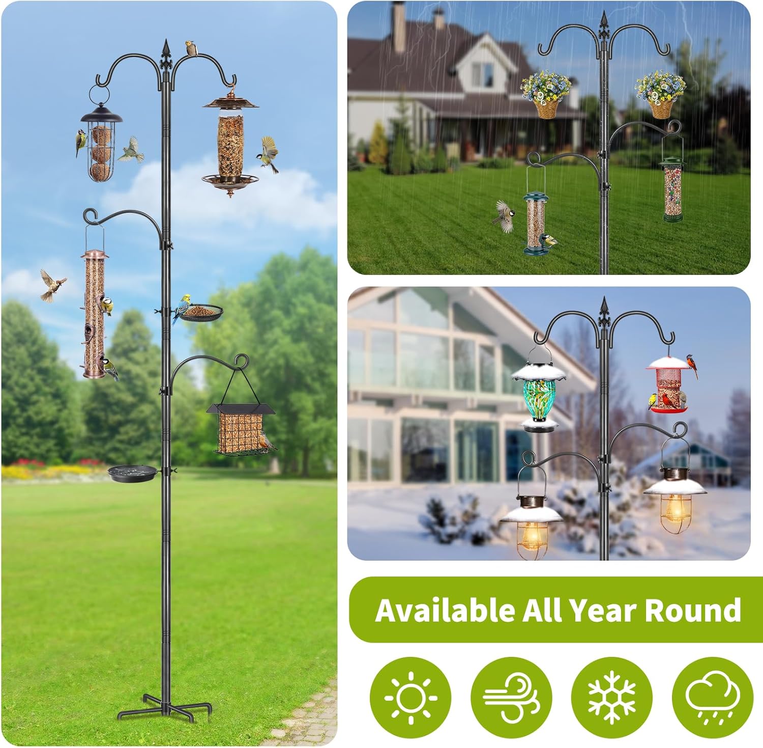 Bird Feeding Station, 88In Bird Feeder Pole Stand 4 Hook Heavy Duty Hummingbird Feeder Hanger Shepherds Hook for Outdoor, with Birds Bath and Mesh Tray, Black 1 Pack