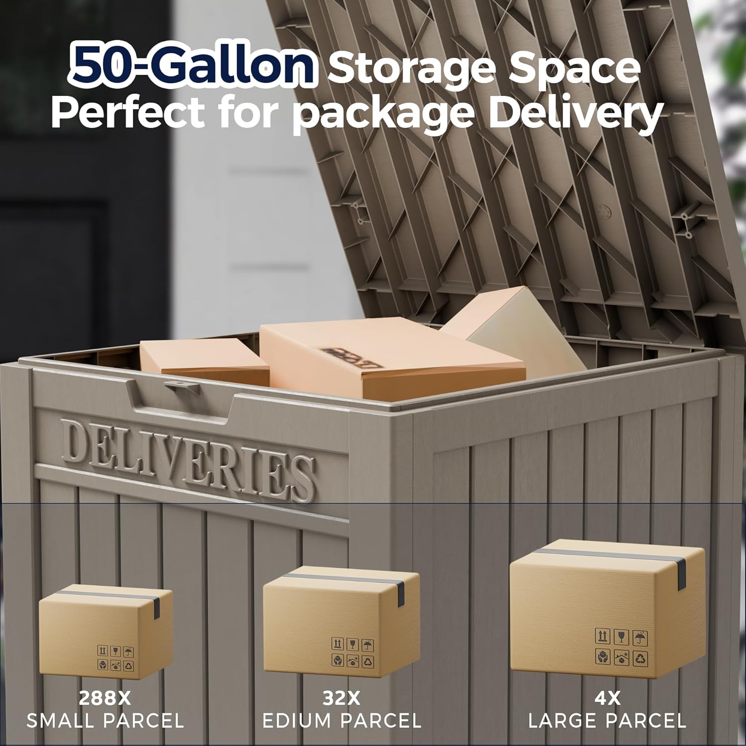 50-Gallon Package Delivery Box for Outside - Resin Storage with Sign & Lockable Secure, Waterproof Package Drop Box with Pre-Installation Hole for Curbside, Porch, Khaki