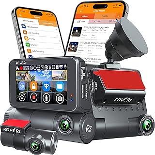 ROVE R3 Dash Cam Front and Rear with Cabin, 3” IPS Touch Screen, 3 Channel Dash Cam 1440P+1080P+1080P Car Camera with IR Night Vision, 5G WiFi, GPS, Supercapacitor, Supports up to 512GB Max