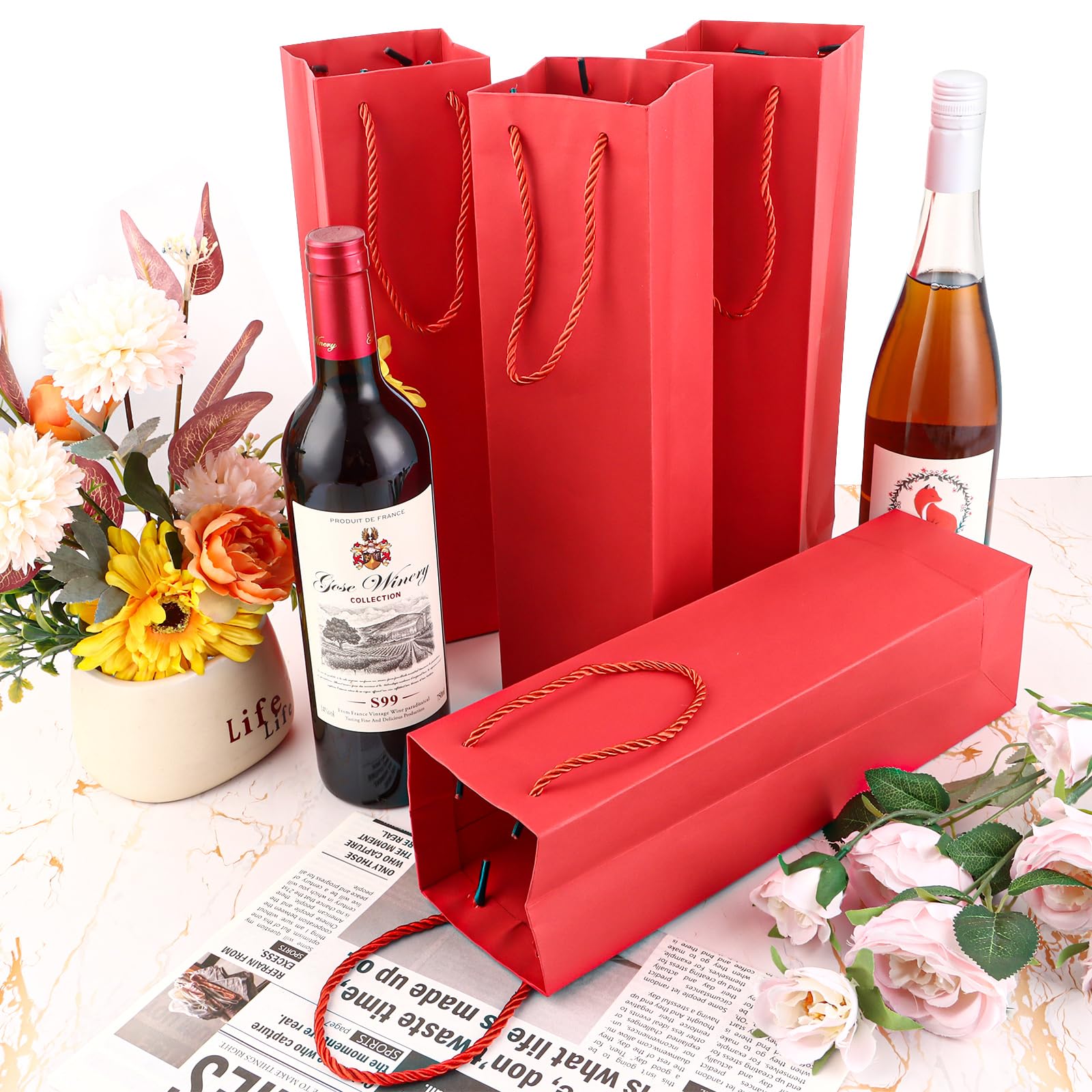 DAJAVE 30 Sacchetti regalo per vino in carta kraft, Shopper porta bottiglia vino Buste con manici, sacchetti per vino in carta kraft per Natale, matrimoni, feste (Rosso)