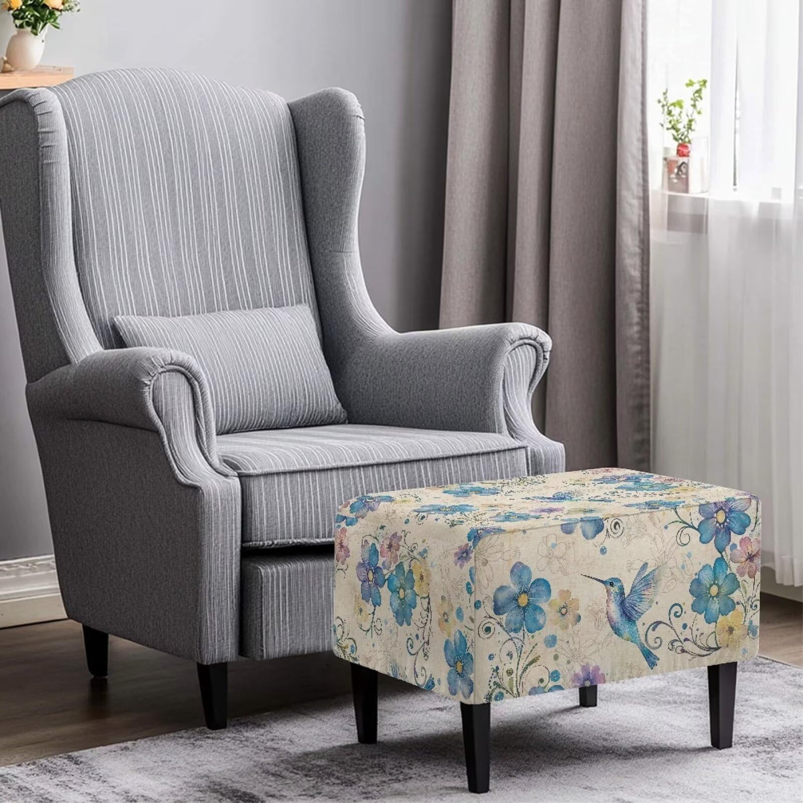 Yorfeemge Hummingbird Flower Ottoman Cover Rectangular Stretch Footrest Stool Cover Furniture Protector with Elastic Bottom Removable Slipcover