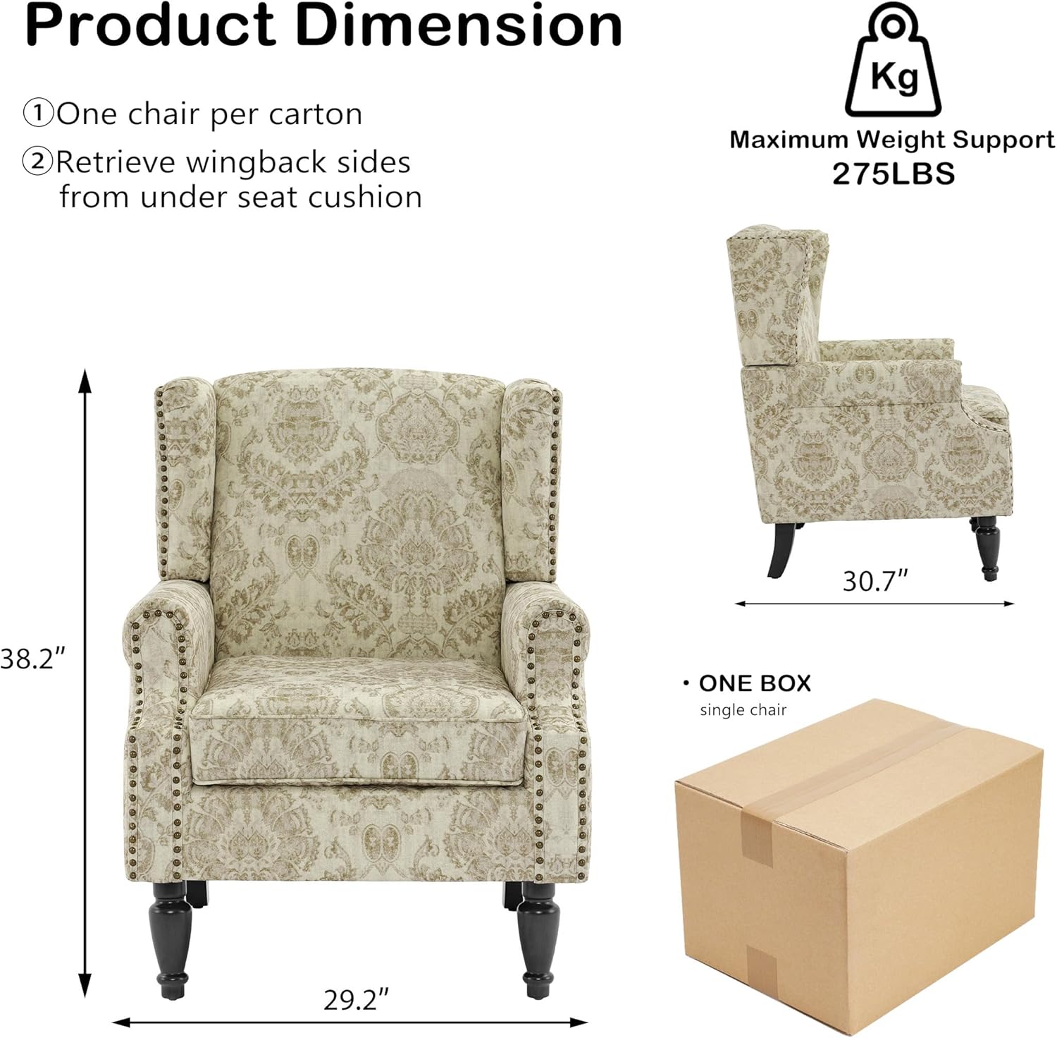 Wingback Chairs Set of 2, High Back Floral Accent Chair in Fabric, Comfy Upholstered Armchair with Nailhead Trim for Living Room, Single Sofa Reading Chair for Small Spaces, Bedroom-White