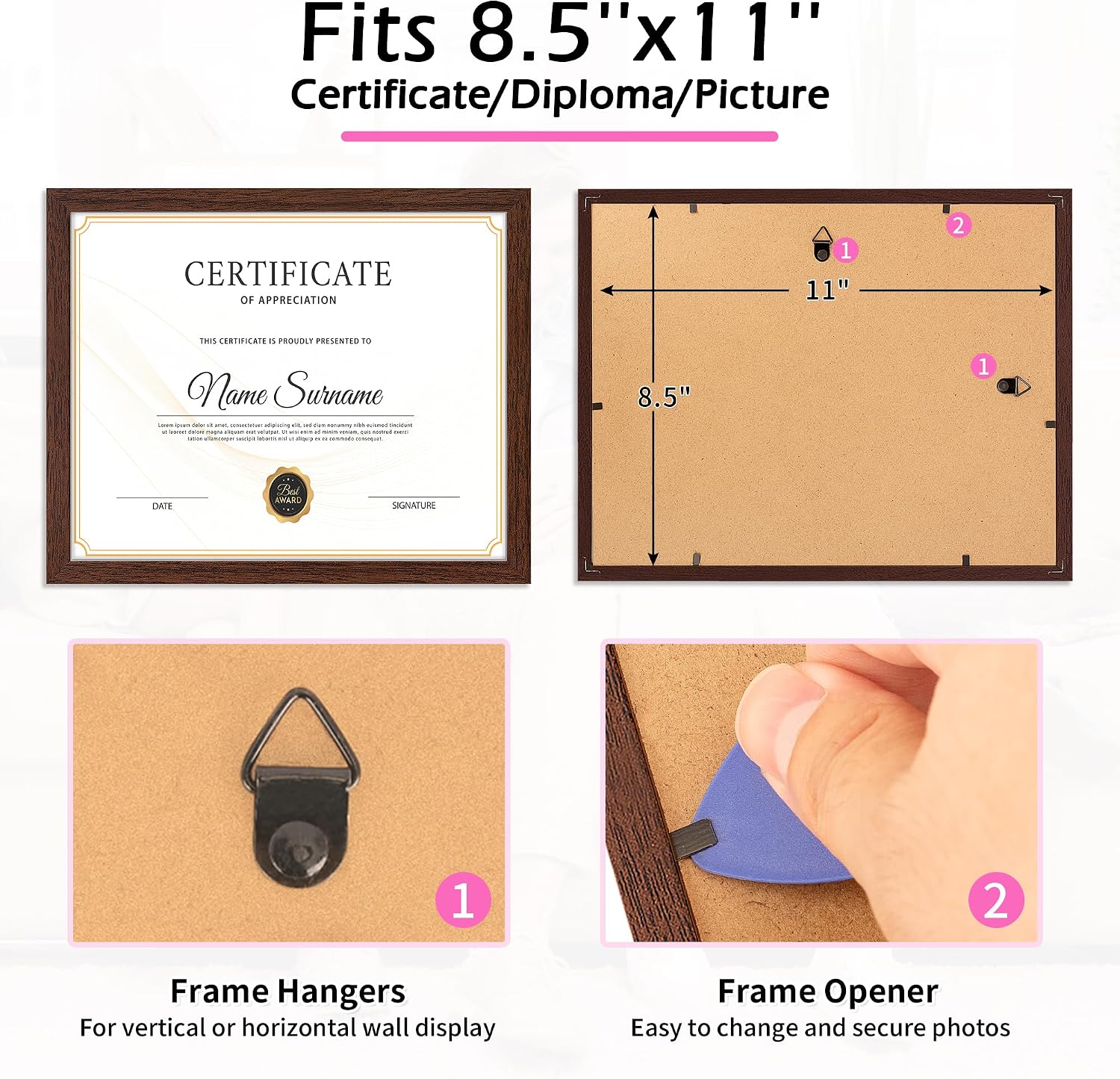 Diploma Frame, 8.5 by 11 Brown Picture Frames, Certificate Frame with Clear Plexiglass, 8.5 x 11 Photo Graduation Degree Record Magazine Frames for Office Gallery Home Wall Decor, 2 Pack image 2