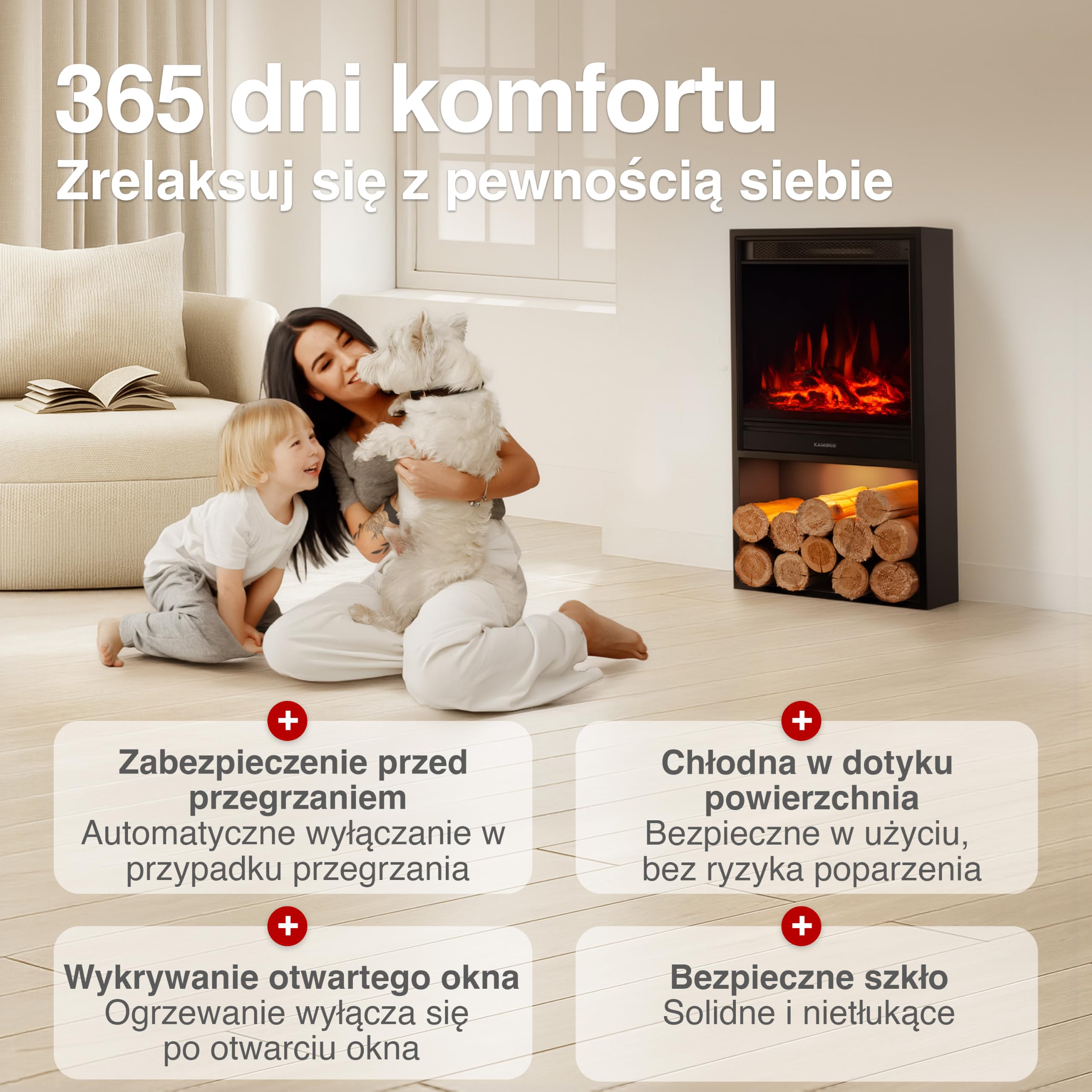 KAMINIO Kominek elektryczny Hugo - piec kominkowy z ogrzewaniem, efekt płomienia 3D, światło otoczenia LED, drewniana komora, pilot zdalnego sterowania - czarny
