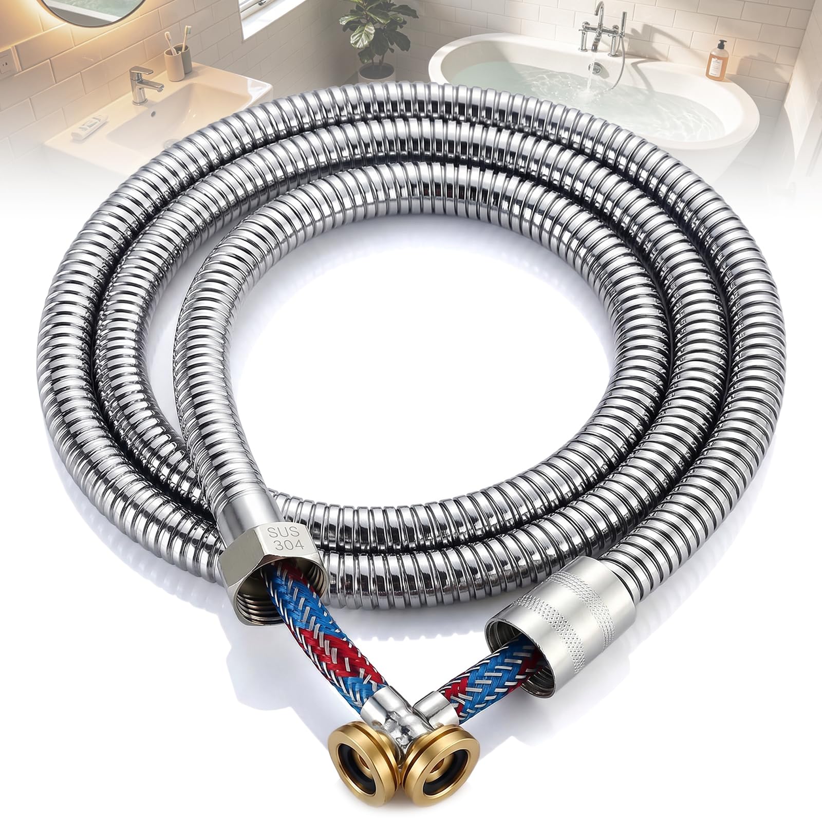 Shower Hose, 1.5m Stainless Steel Anti-Kink Flexible Chrome Pipe