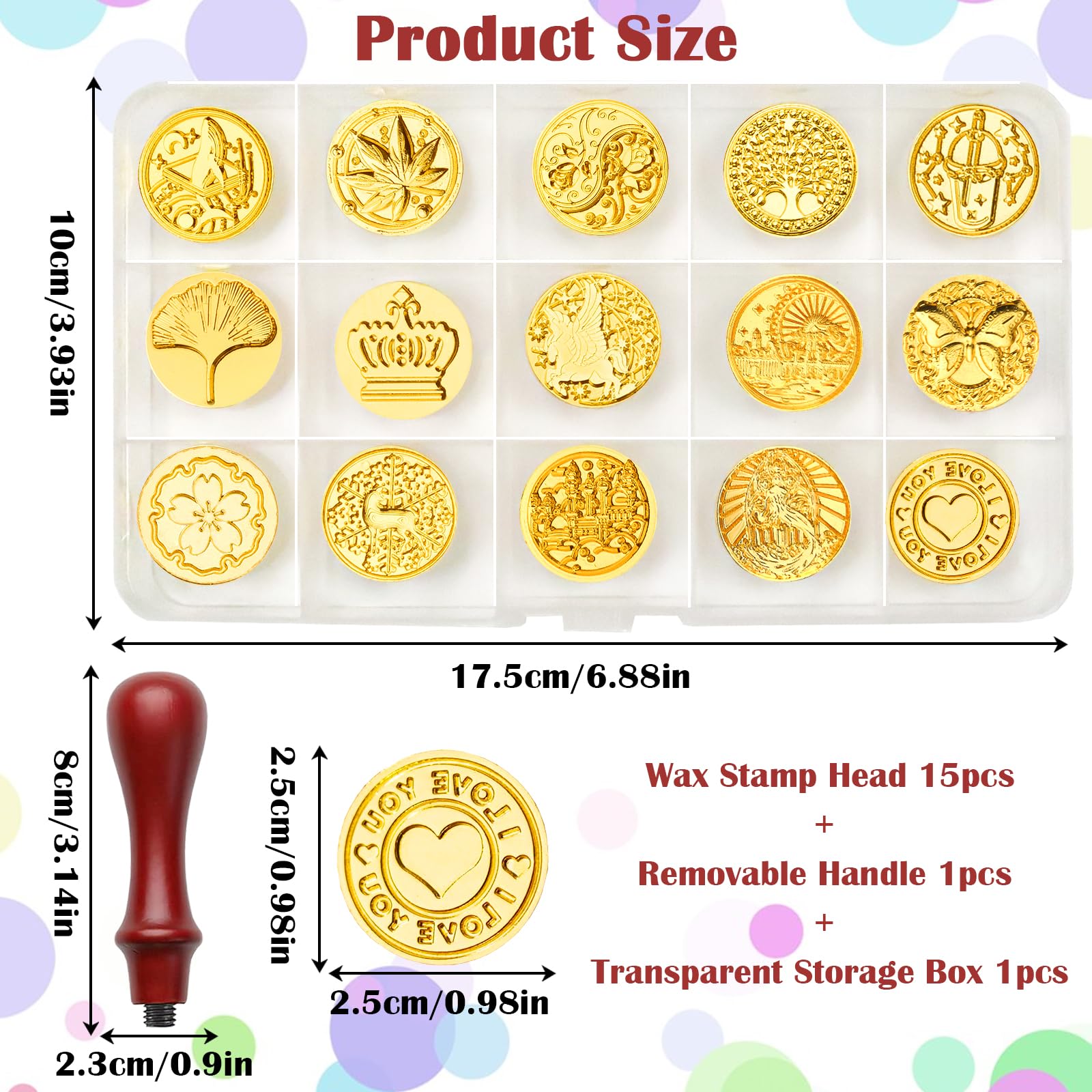 RUIJIE 15 Piezas Sello de Cera con 1 Mango de Madera Retro & 1 Caja de Almacenaje, Cabezal de Sello, Sello Lacre Kit, Cabezas de Sello de Lacre para sobre, Invitación, Adorno, Decoración de Regalo