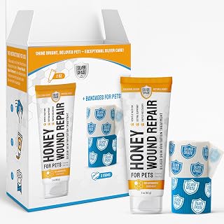 SILVER GRADE Hot Spot Treatment for Dogs & Cats – Honey Wound Repair – Dog Wound Care Ointment for Scratches, Cuts, Irritation – Self Adhesive Bandage Wrap for Pets – 2 oz Tube + 2 Bandages
