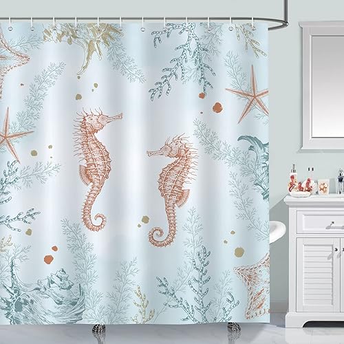 Miniatura 7 de Bonhause Cortina de ducha con diseño de tortuga marina para baño, cortina de baño decorativa costera, 72 x 84 pulgadas, tela de poliéster,