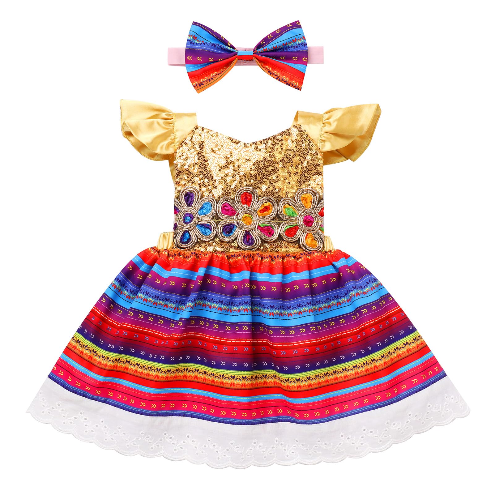 Baby Girls Mexican Dress Sequins Glitters Colorful Flower Flutter Sleeve Ruffle Dresses and Headband Toddler Cinco De Mayo Fiesta Traditional Ethnic Wear Mexico Themed Outfit Gold Red 18-24 Months