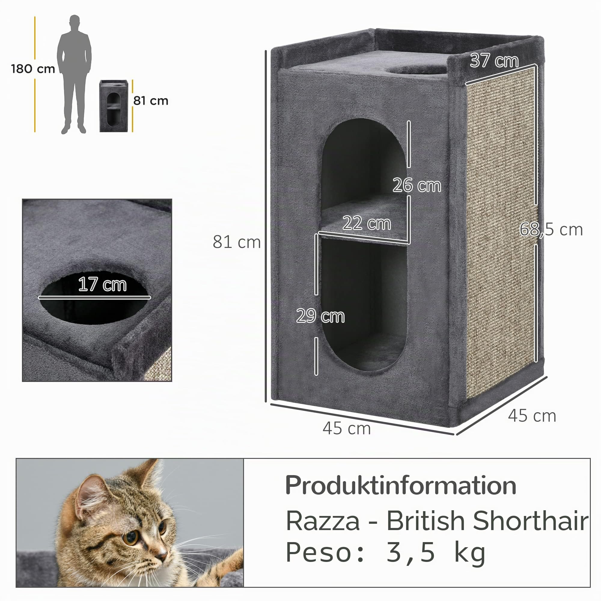 PawHut Tiragraffi altezza 81 cm, albero tiragraffi con 2 grotte, torre tiragraffi con tavola tiragraffi, torre di gatto a 2 livelli, pattumiera per gatti fino a 6 kg, grigio scuro