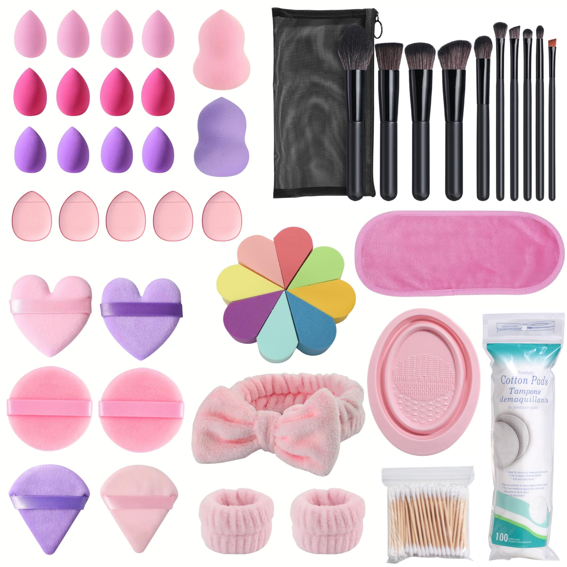 All-In-One Makeup Set: Accessories for Application & Removal. Face Wash Headband/Wristband Set, Powder Puffs, Sponges and Beauty Blenders, Brushes, Face Towel, Round and Cotton Swabs.