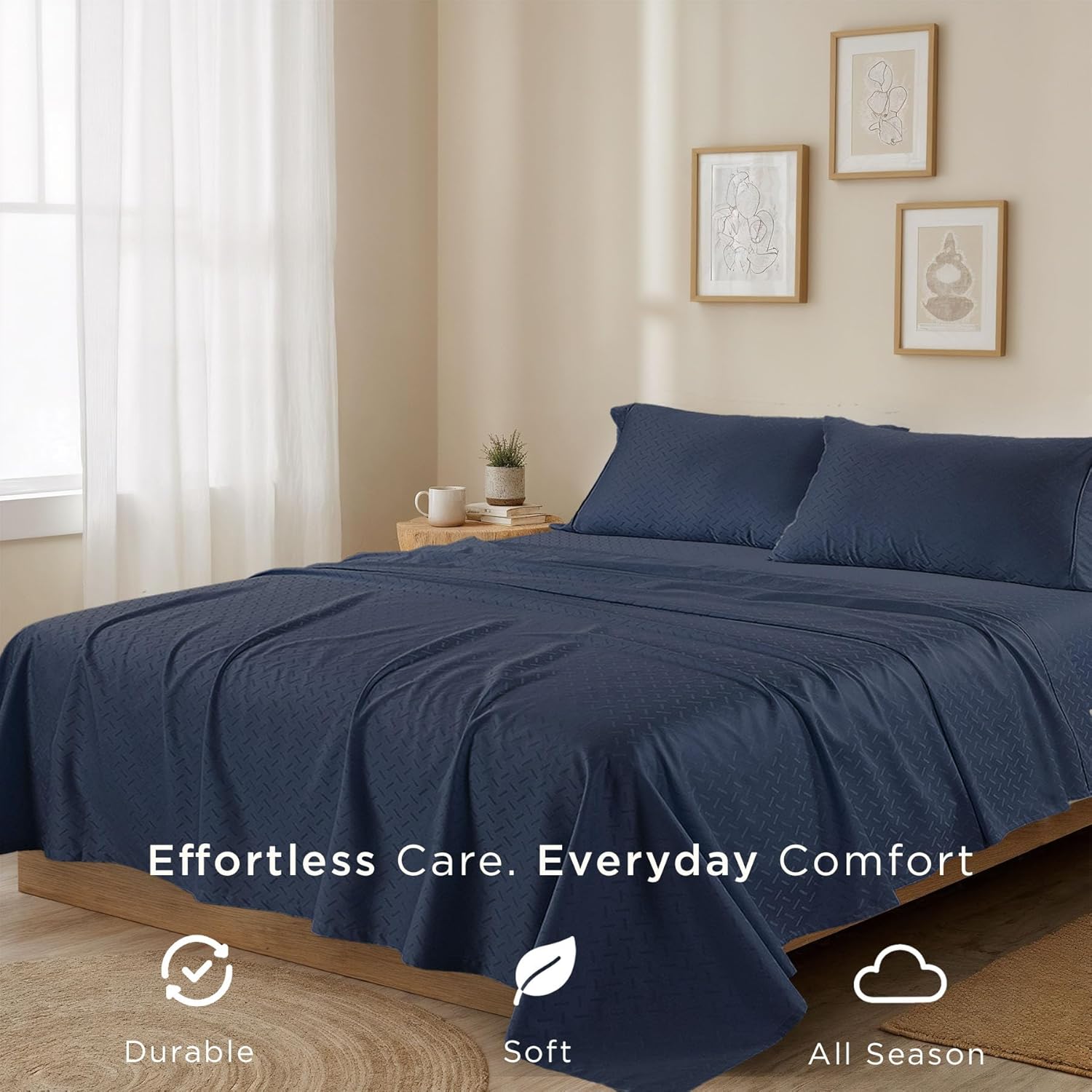 Threadmill Cotton Twin XL Sheet Set | 100% Cotton Sheets for Twin XL Size Bed | Damask Jacquard Sateen Twin XL Bed Sheets Set | 16” Deep Pocket | Soft Breathable 3pc Cooling Sheet Set | Folkstone Blue - Image 5